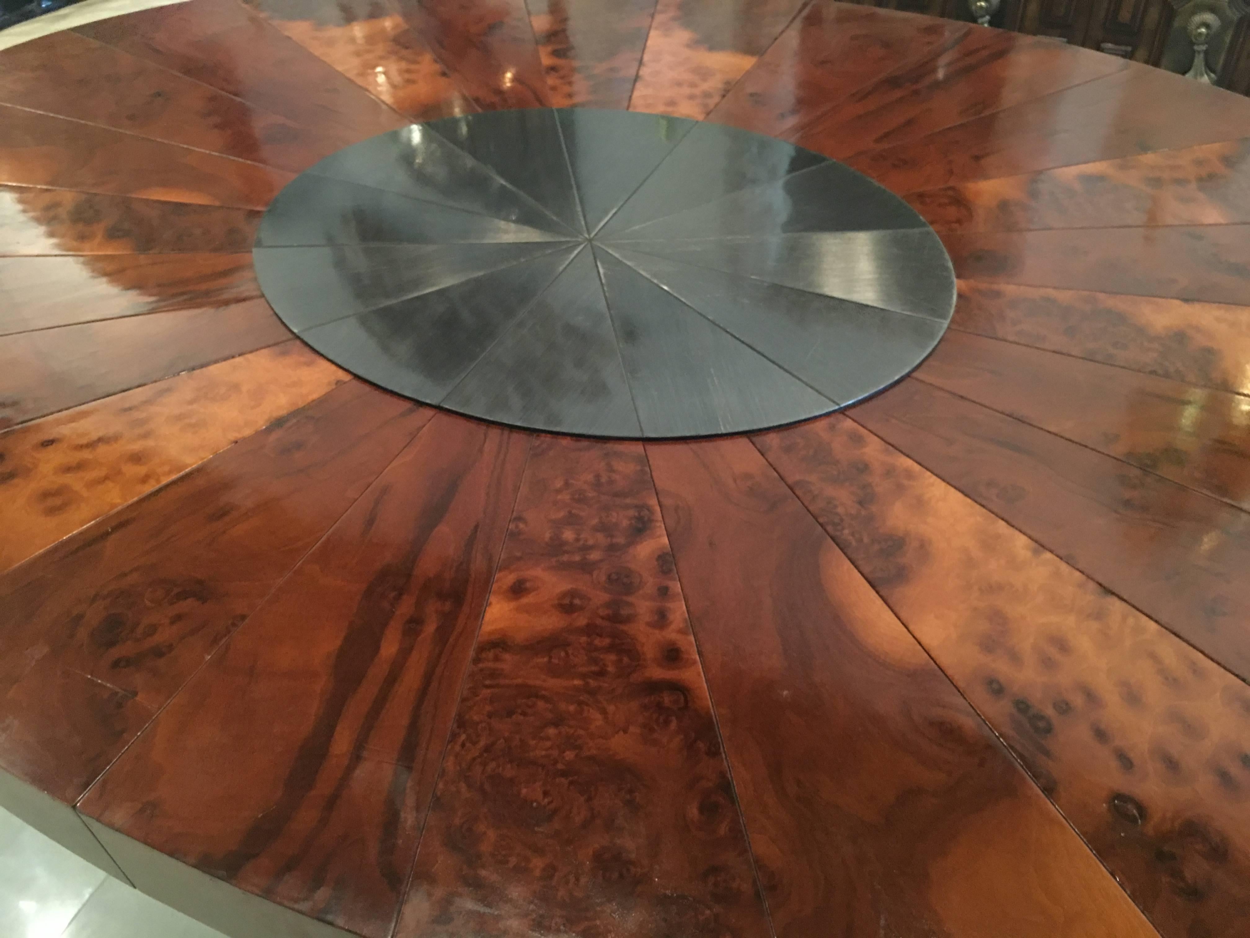 Paul Evans Burl Wood Cityscape Starburst Dining Table Brushed Steel Chrome In Good Condition For Sale In West Palm Beach, FL