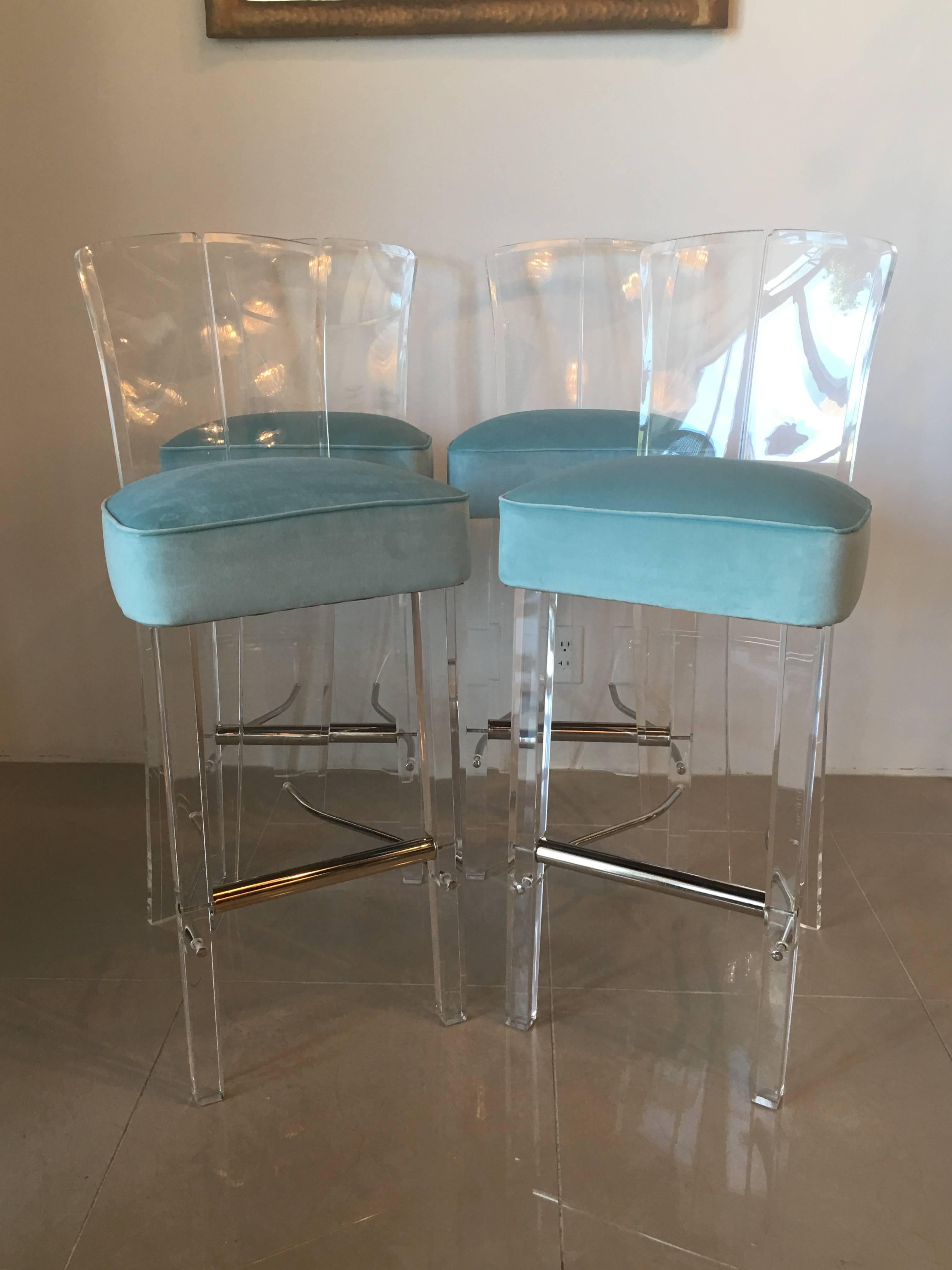 Hollywood Regency Lucite and Brass Barstools Bar Stools Charles Hollis Jones Style Set of Four