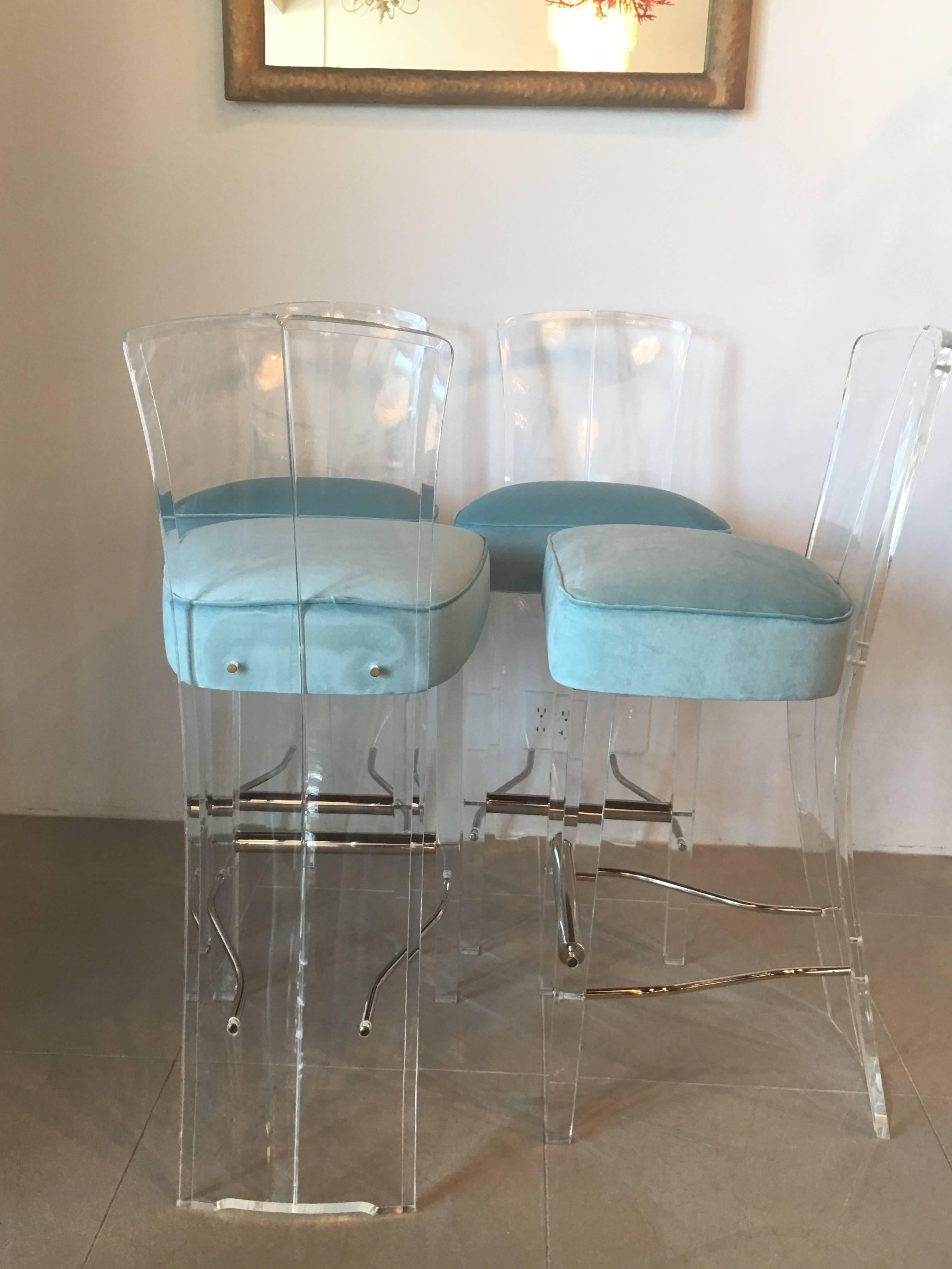 American Lucite and Brass Barstools Bar Stools Charles Hollis Jones Style Set of Four