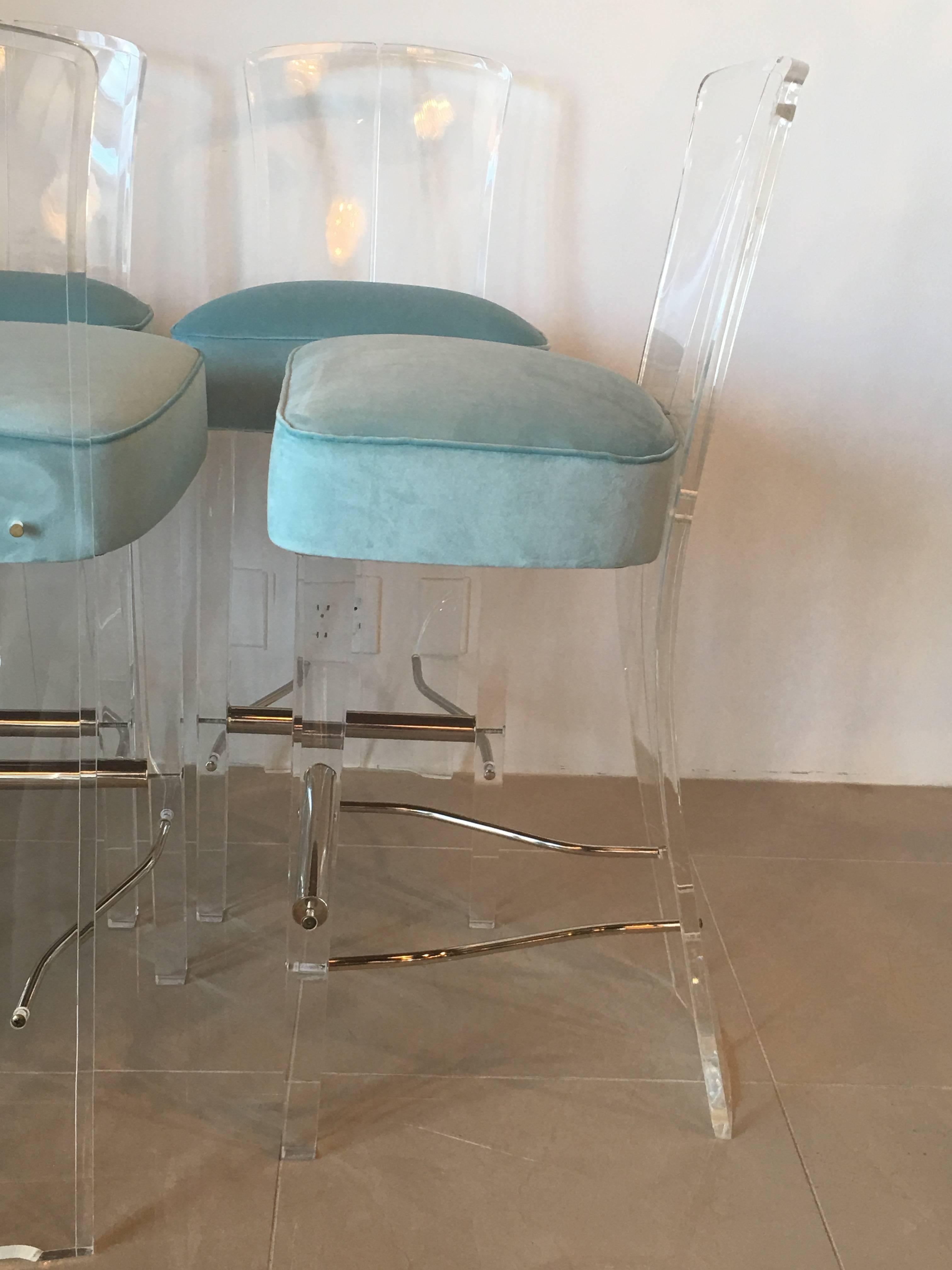 Lucite and Brass Barstools Bar Stools Charles Hollis Jones Style Set of Four In Good Condition In West Palm Beach, FL