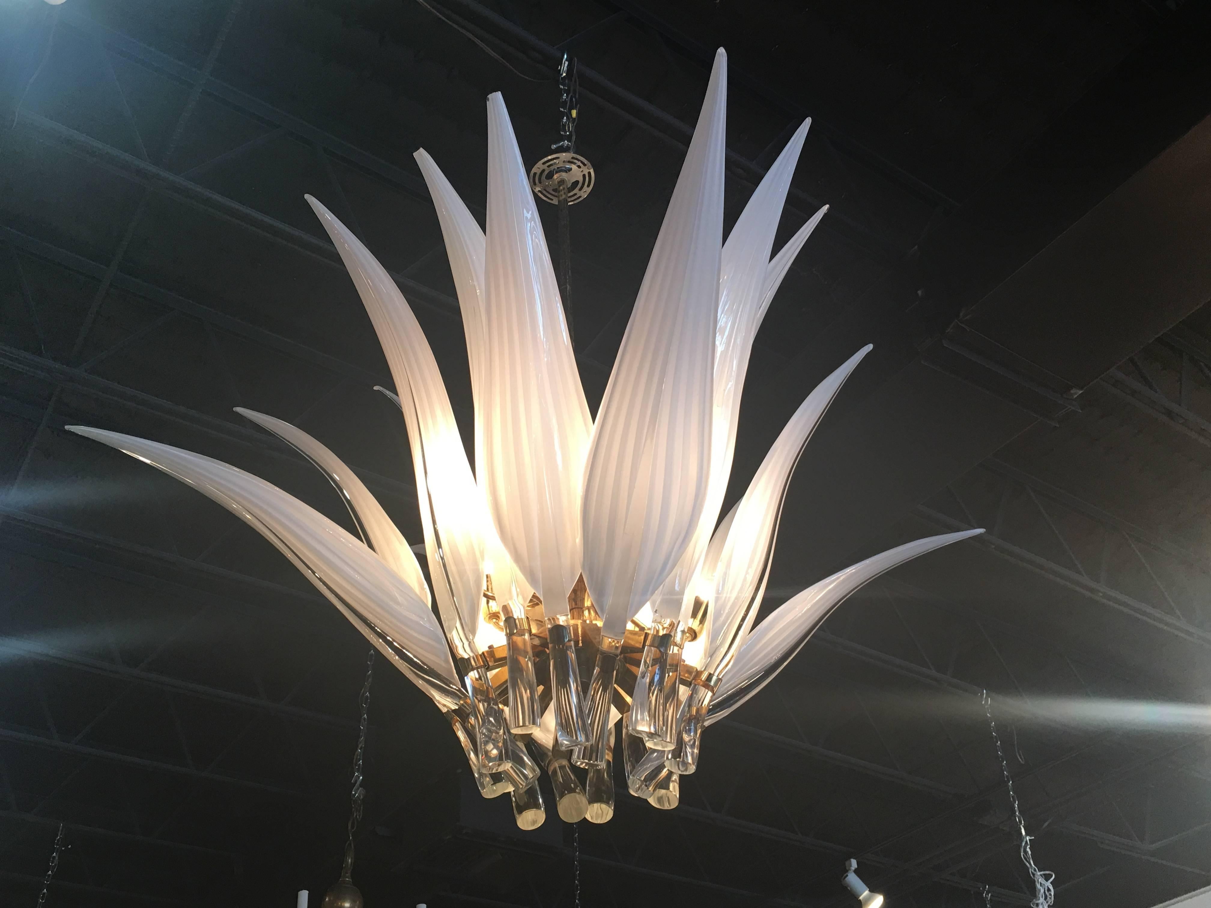 Hollywood Regency Murano Glass and Brass Italian Chandelier Leaf Leaves Vintage Tropical Large