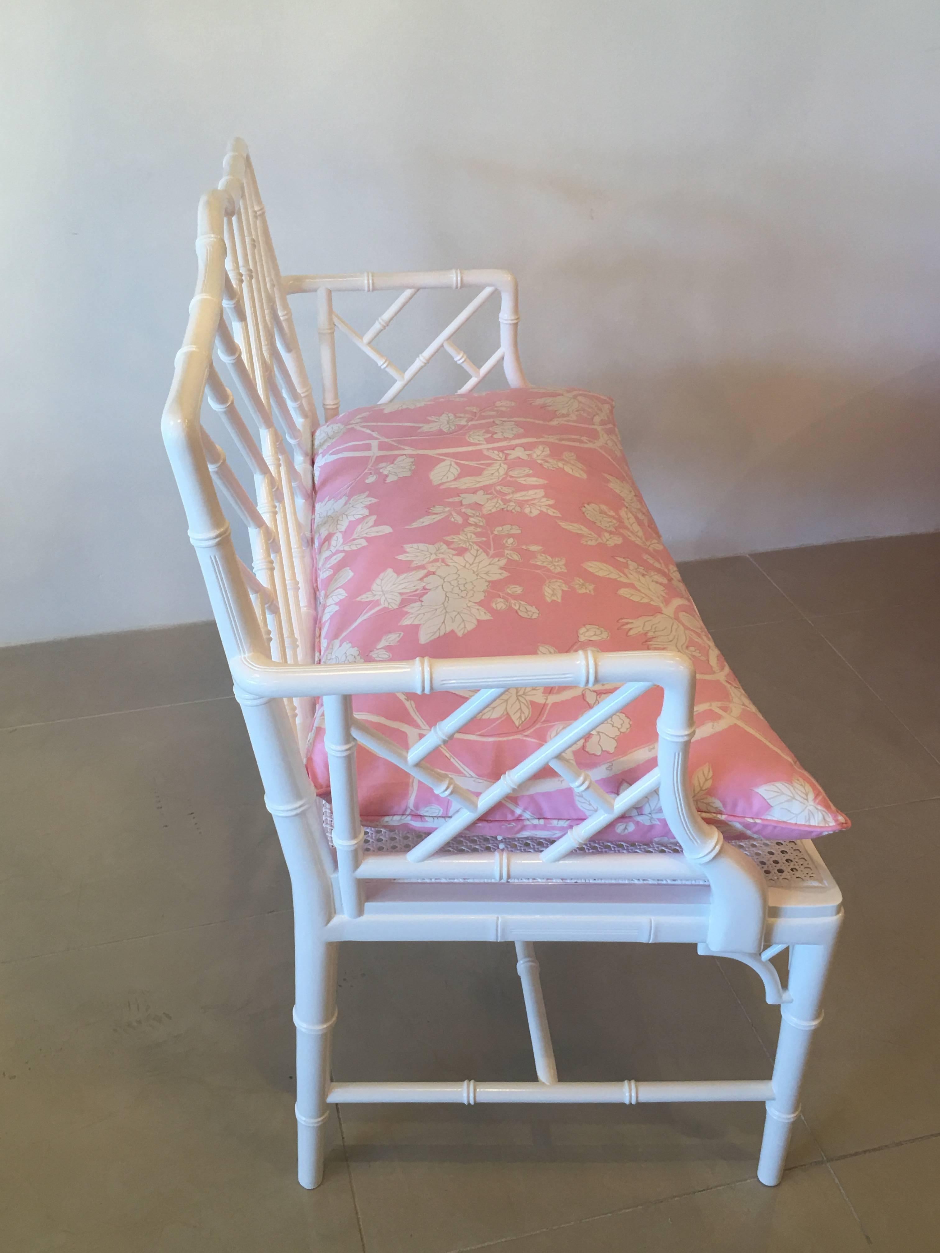American Chinese Chippendale Faux Bamboo Arm Bench Lacquered Chinoiserie Pink Cushion