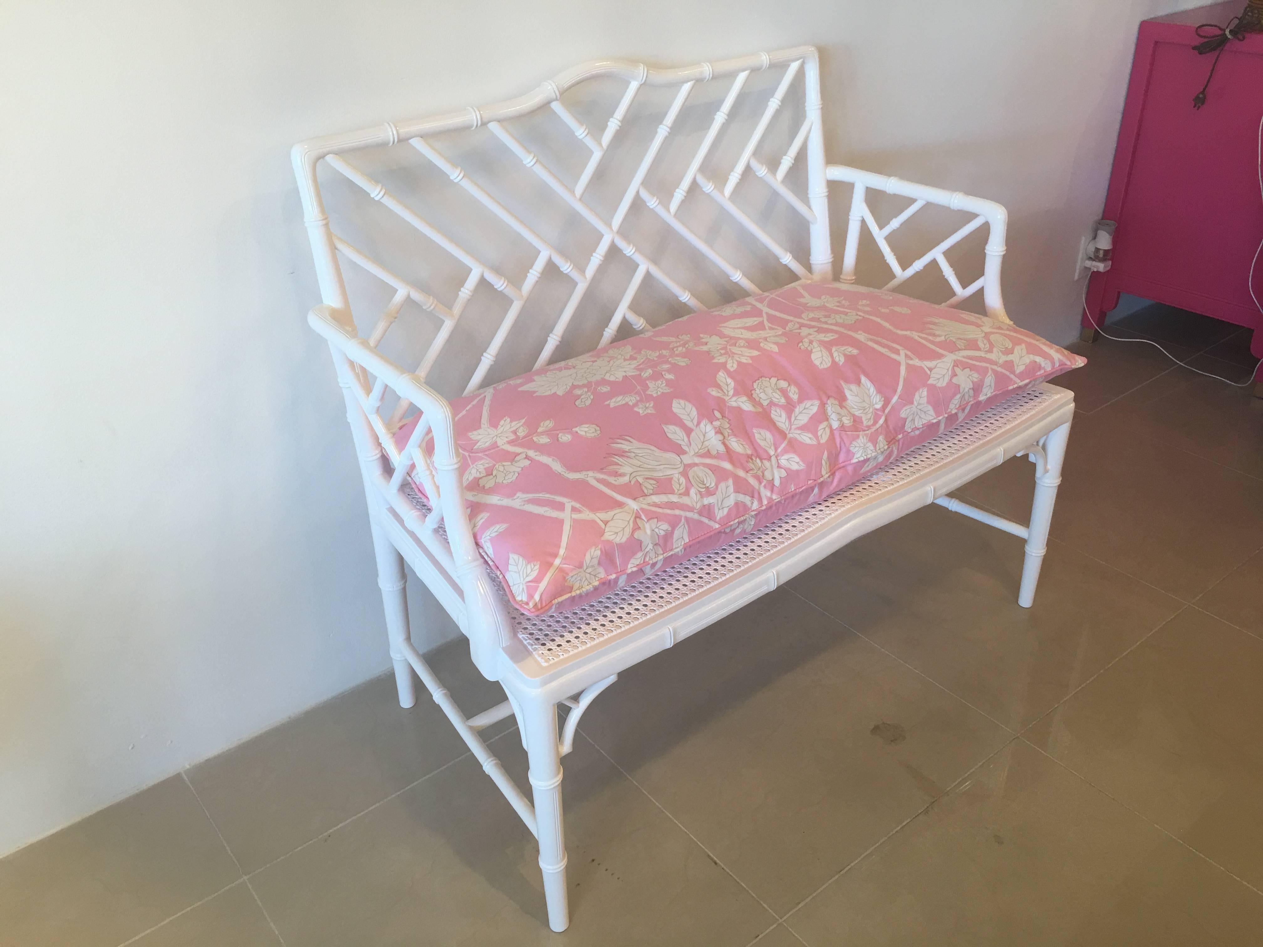 Upholstery Chinese Chippendale Faux Bamboo Arm Bench Lacquered Chinoiserie Pink Cushion
