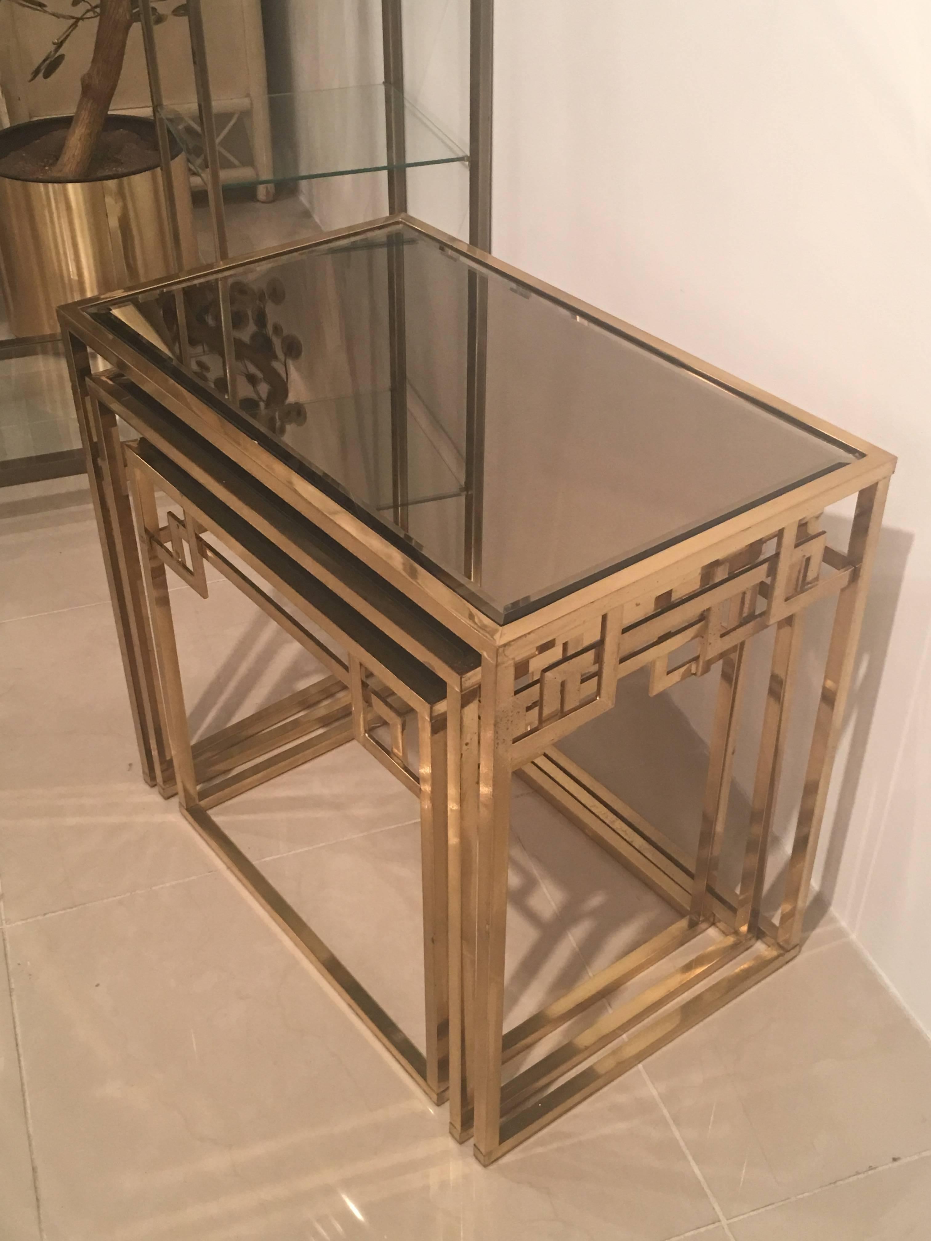 Set of Three Brass Greek Key Italian Nesting Tables, Italian End Side Glass 1