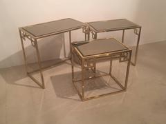 Set of Three Brass Greek Key Italian Nesting Tables, Italian End Side Glass