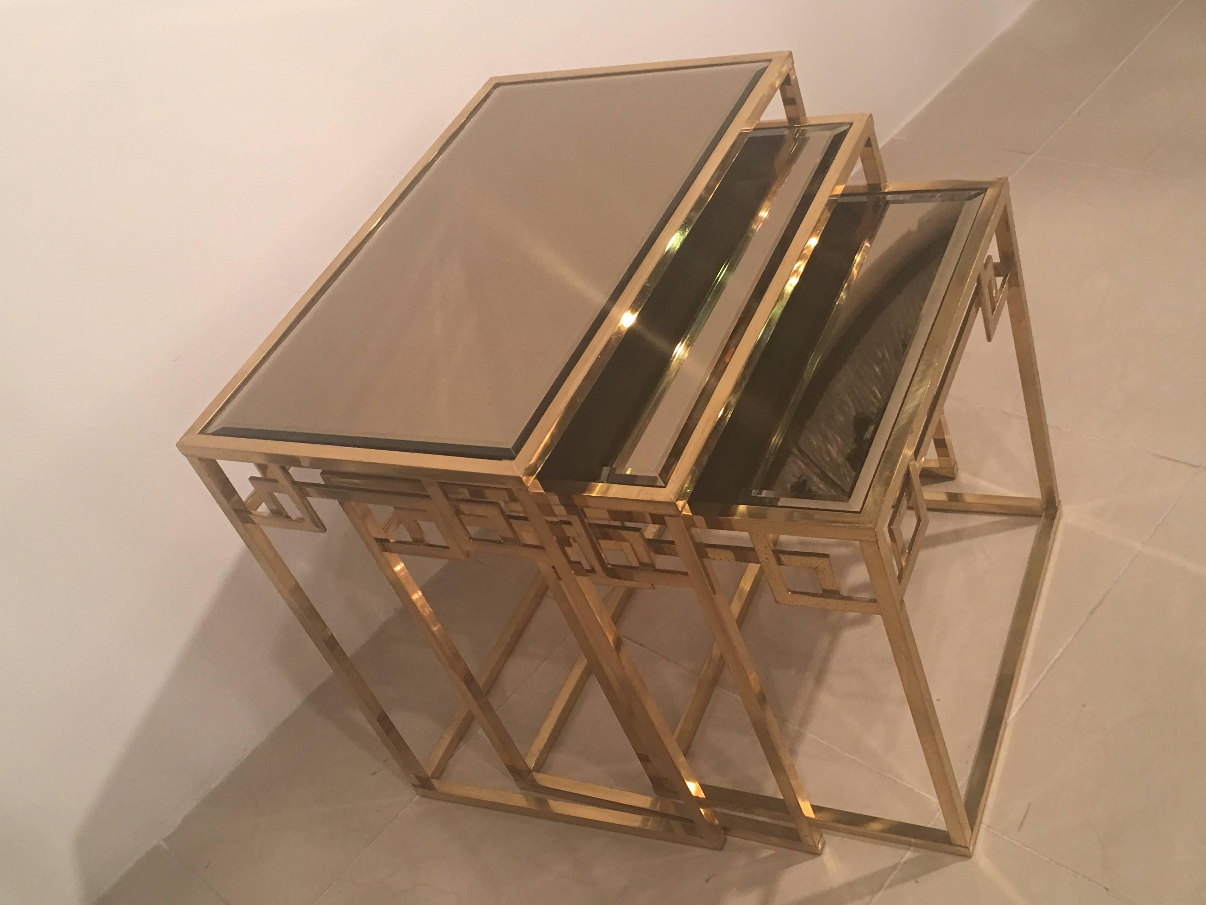 Hollywood Regency Set of Three Brass Greek Key Italian Nesting Tables, Italian End Side Glass