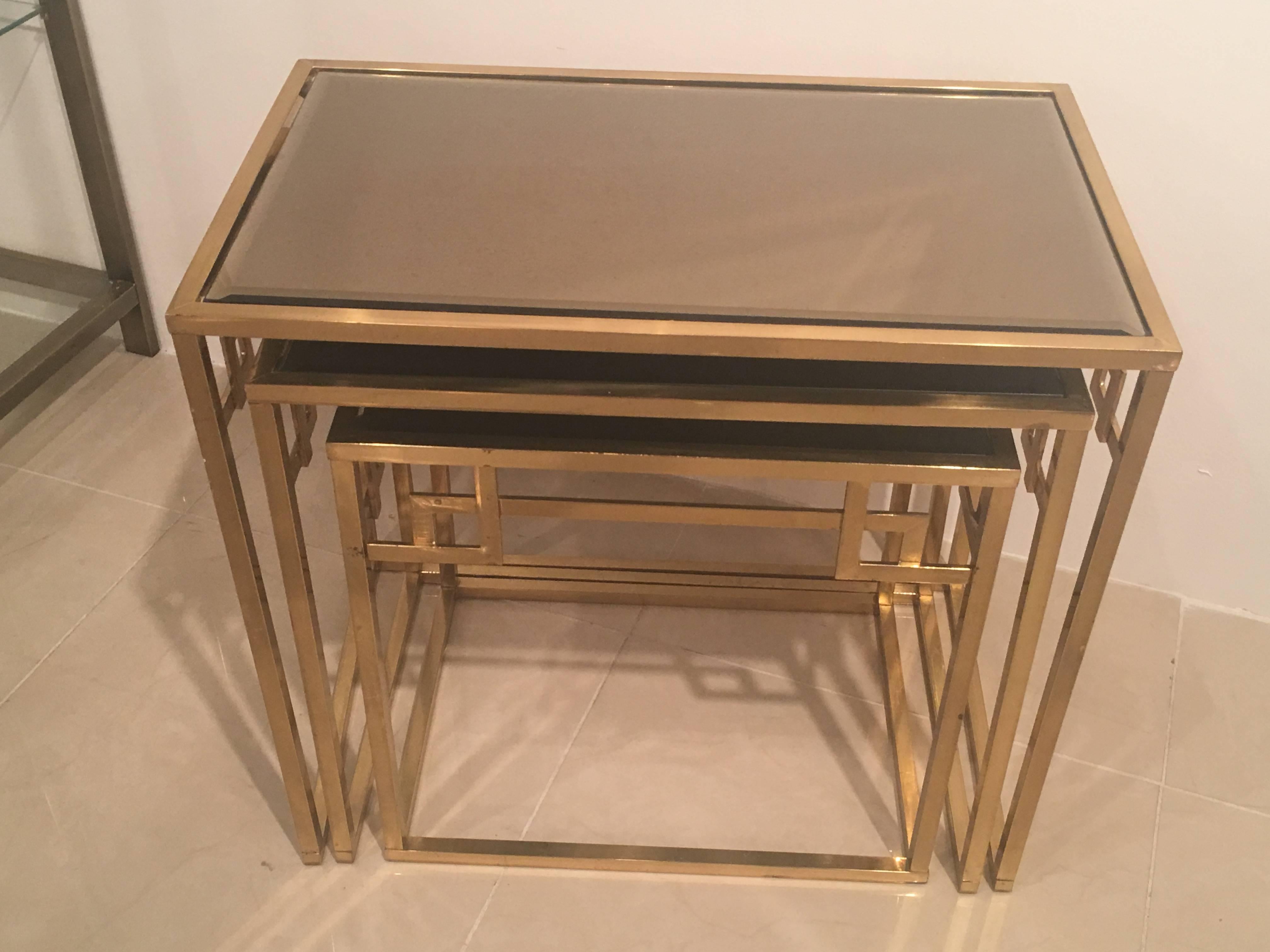 Late 20th Century Set of Three Brass Greek Key Italian Nesting Tables, Italian End Side Glass