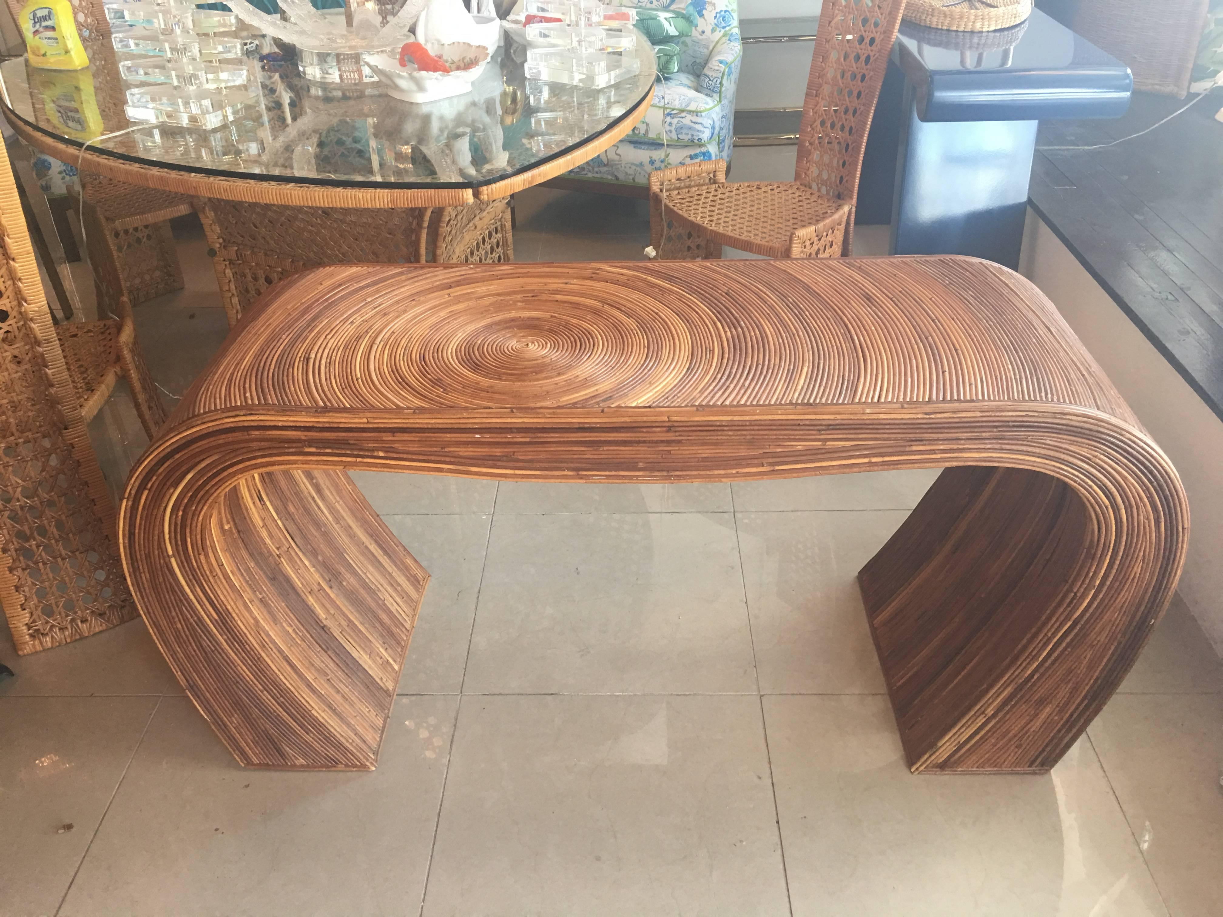 Vintage pencil reed bamboo console table in the manner of Gabriella Crespi. Great tropical palm beach piece!