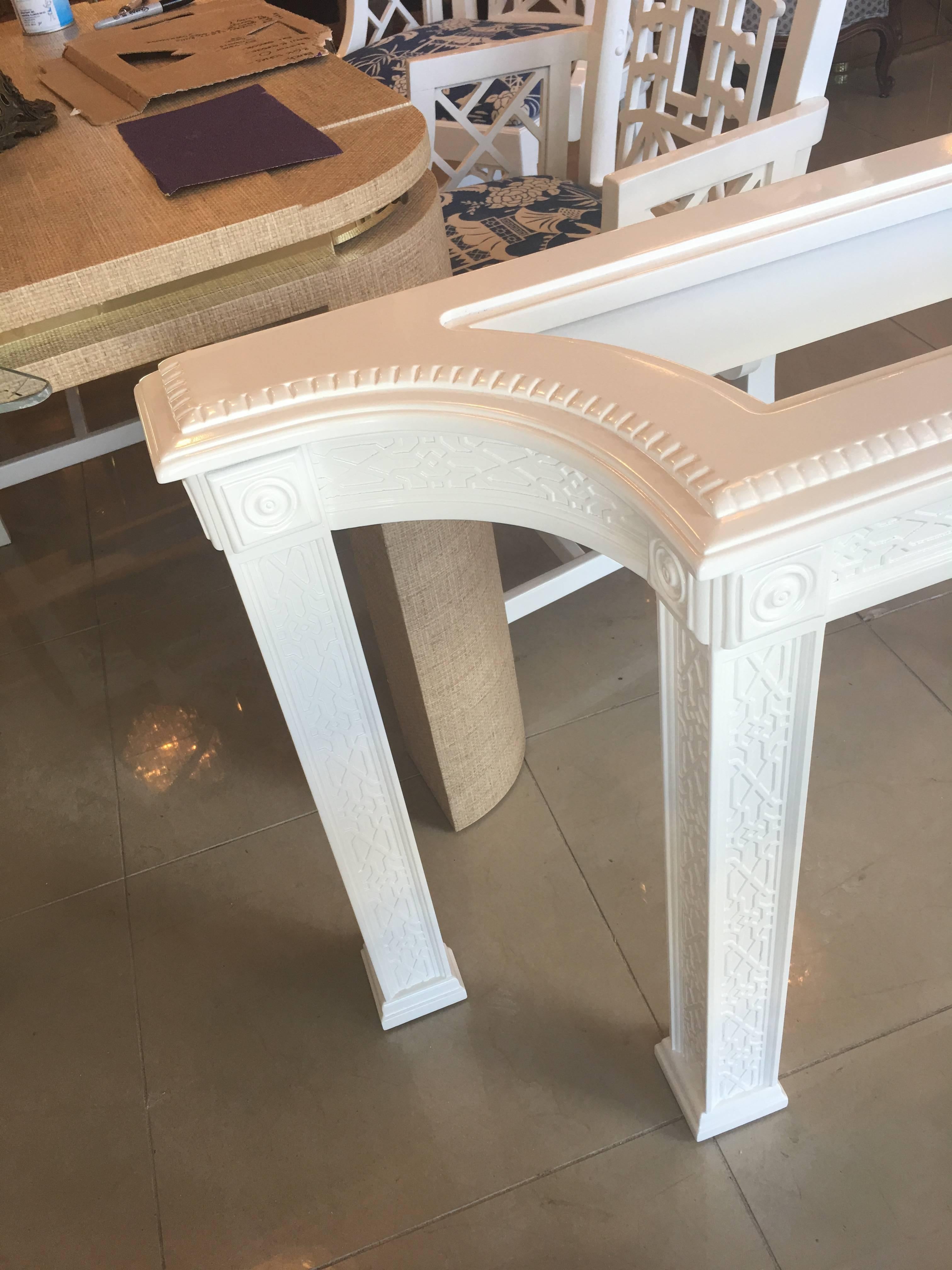 Vintage fretwork fret work console sofa table newly professionally lacquered in a white gloss with new glass top insert (not pictured but will be included).