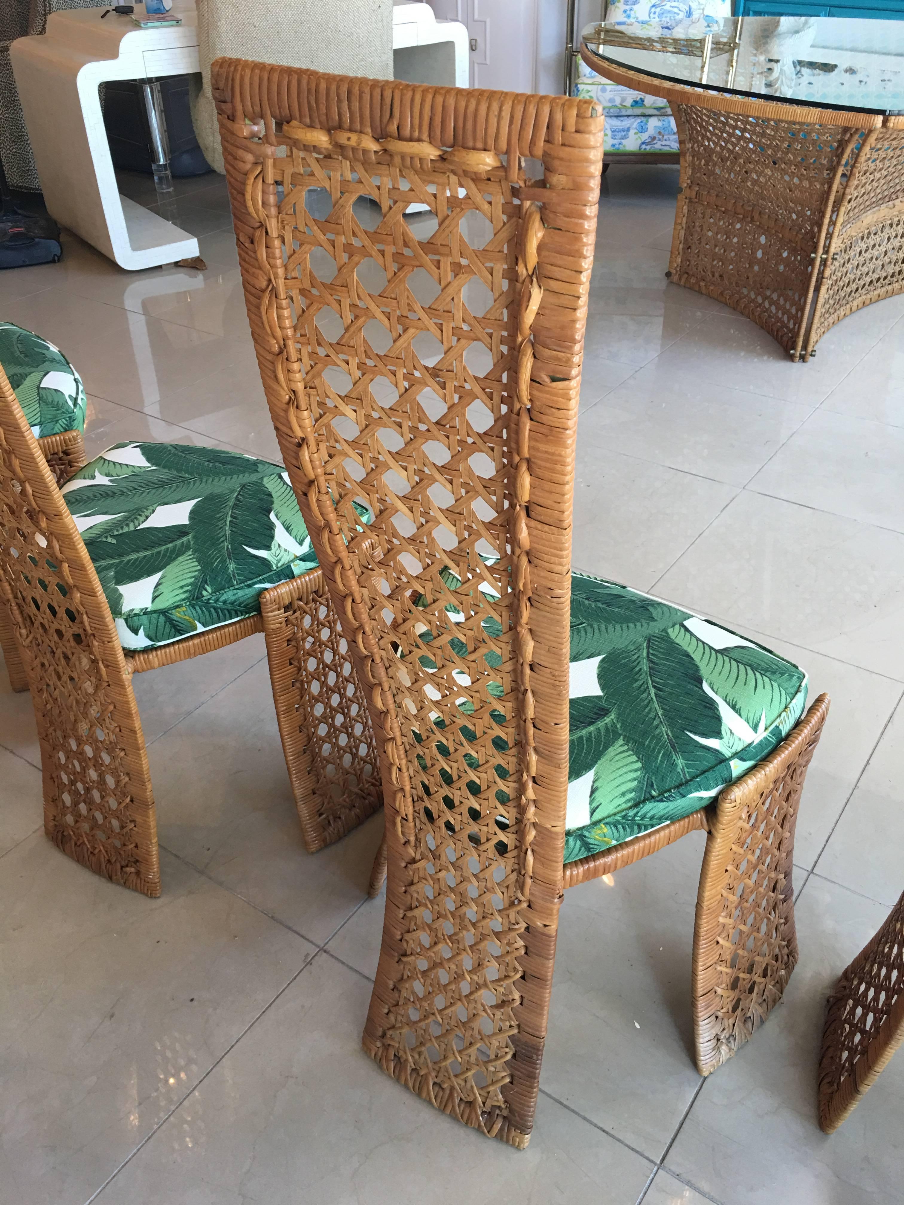 Hollywood Regency Danny Ho Fong Dining Table Set Four Side Chairs Rattan Wicker Tropical Bamboo