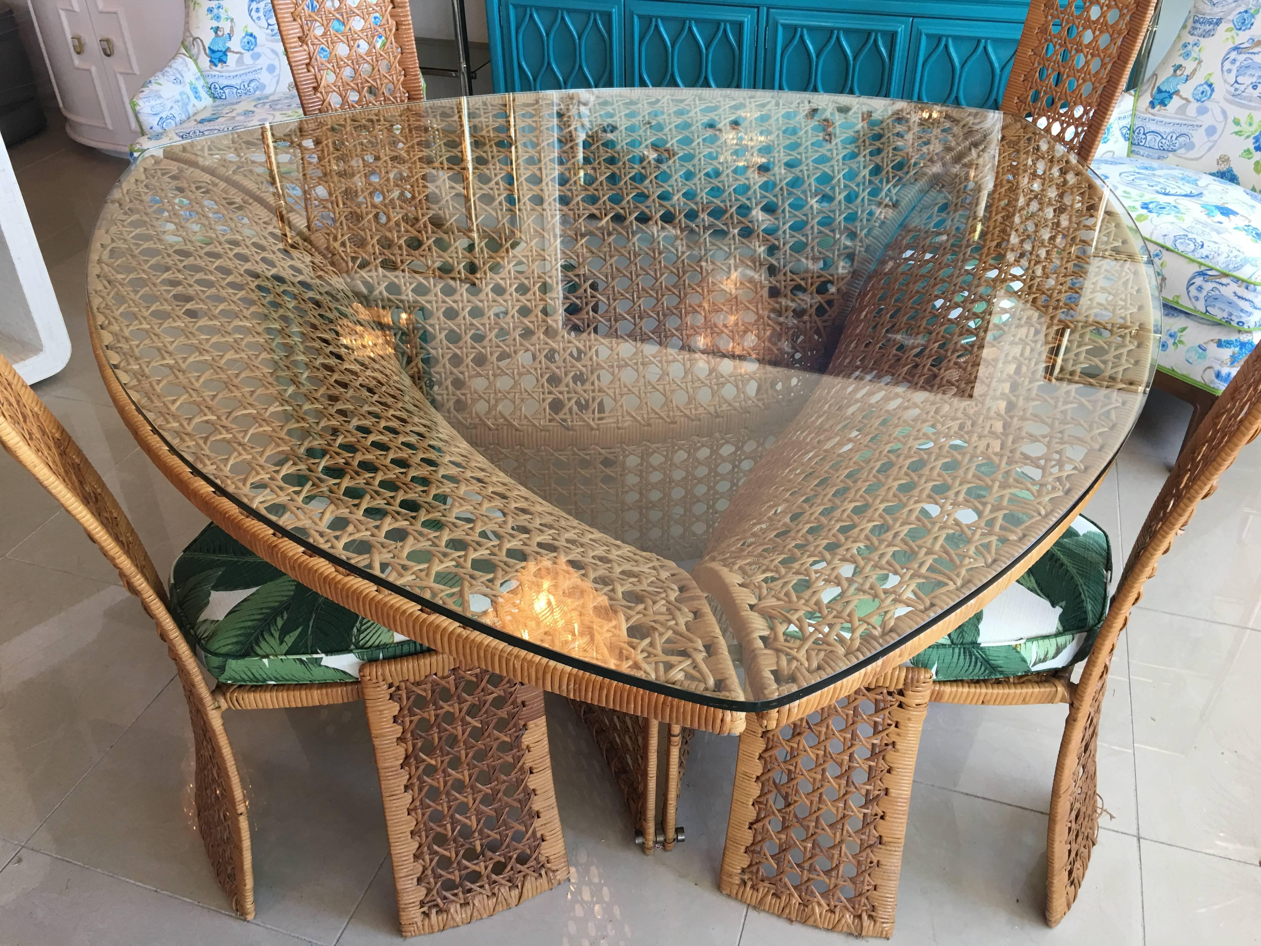 Danny Ho Fong Dining Table Set Four Side Chairs Rattan Wicker Tropical Bamboo In Good Condition In West Palm Beach, FL