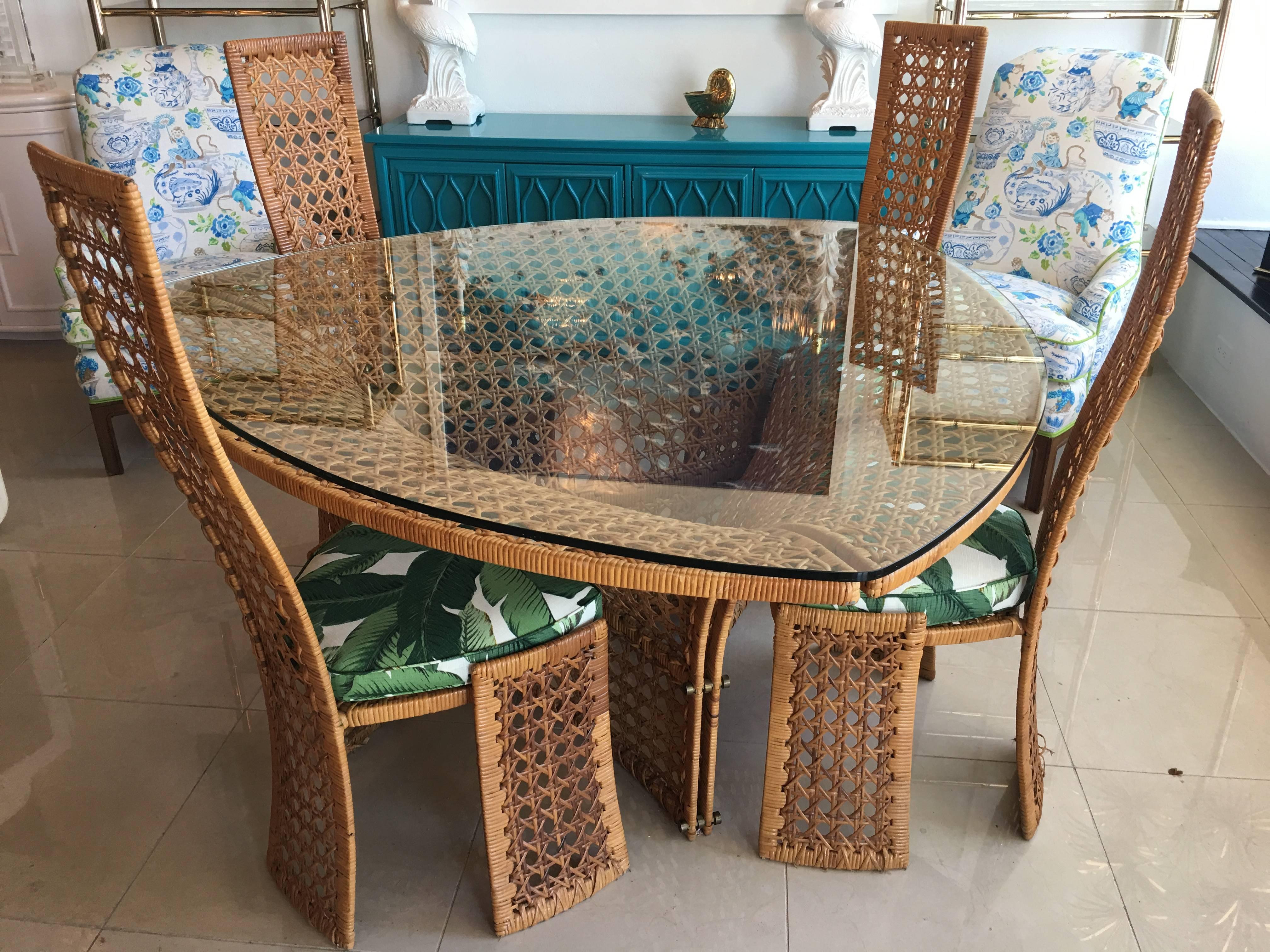 Mid-20th Century Danny Ho Fong Dining Table Set Four Side Chairs Rattan Wicker Tropical Bamboo