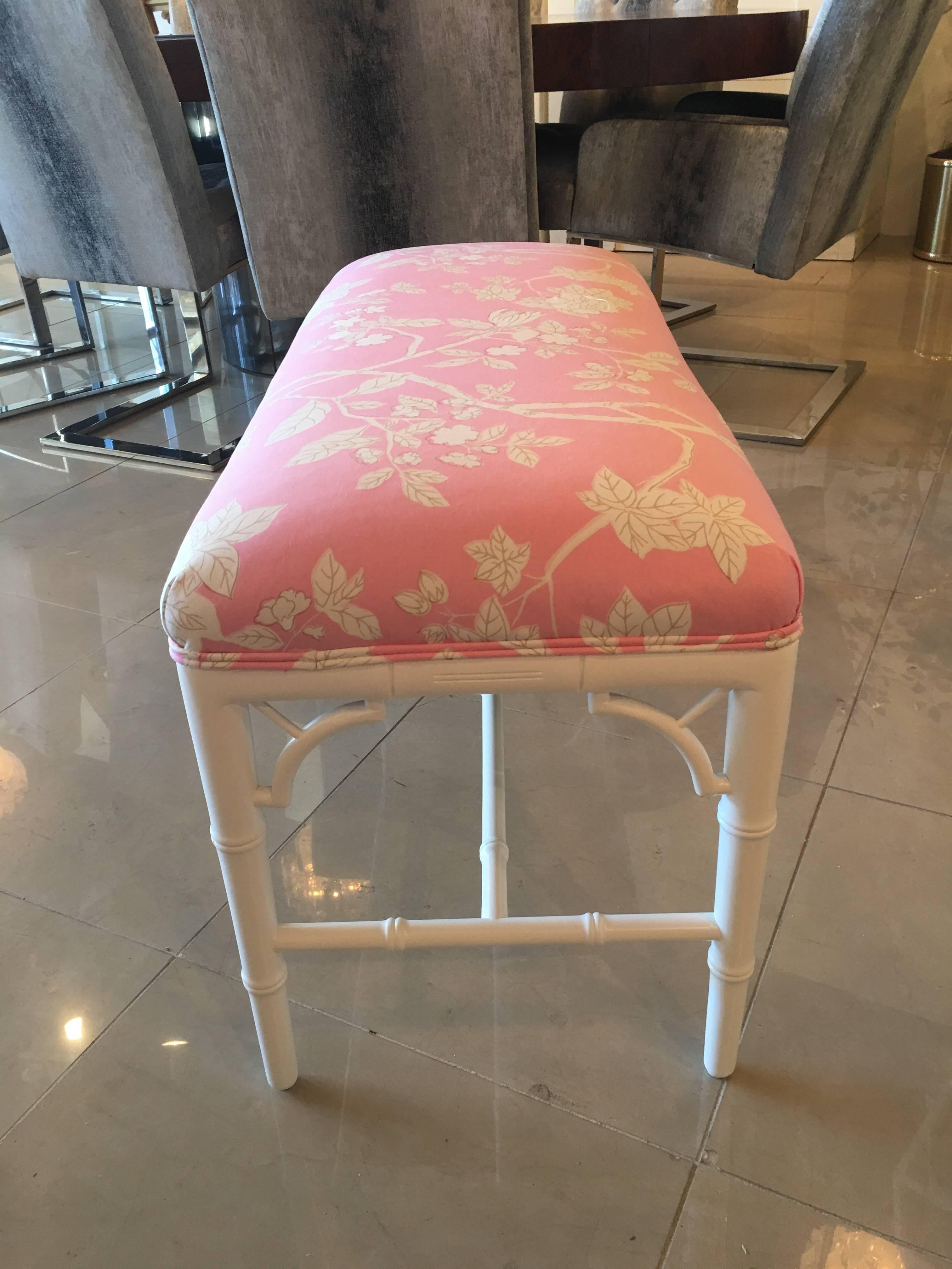 American Pair Available Faux Bamboo Chinese Chippendale Bench, Chinoiserie Pink Lacquered