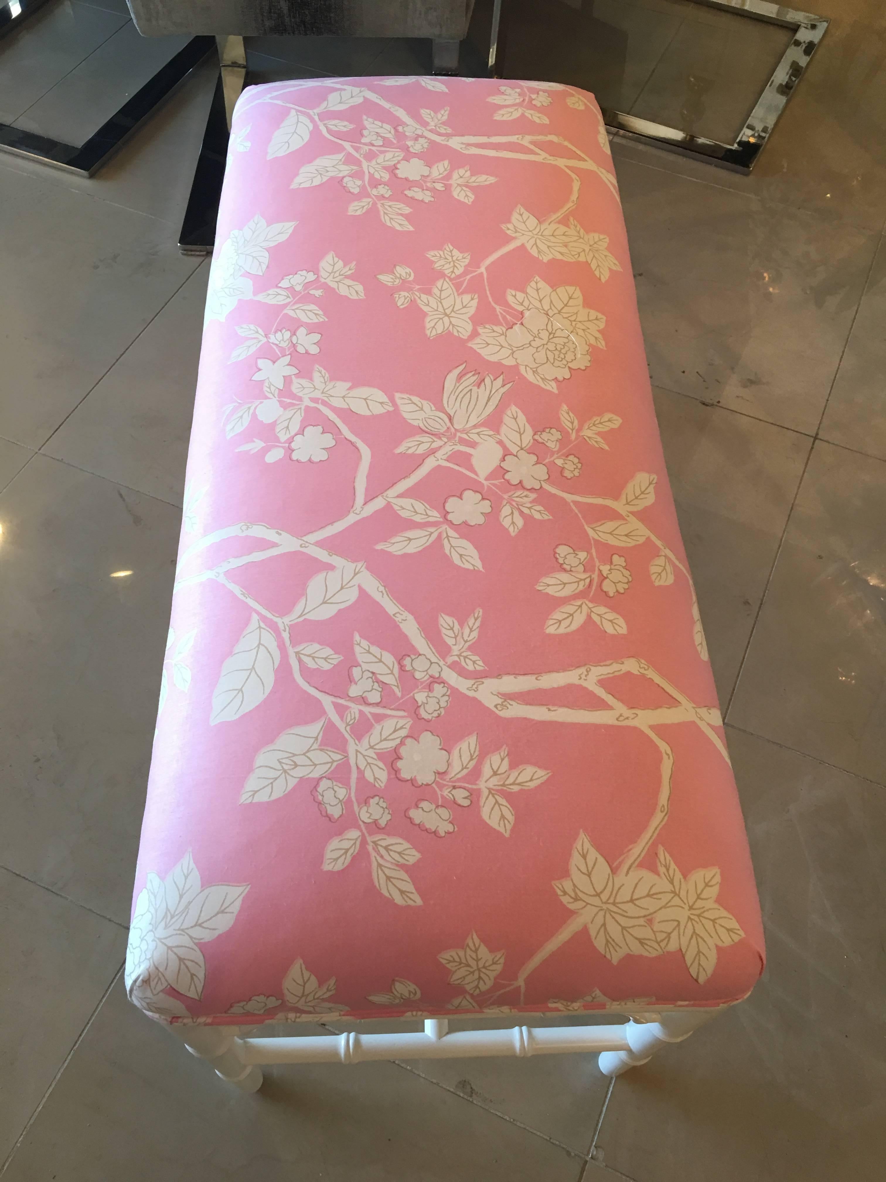 Pair Available Faux Bamboo Chinese Chippendale Bench, Chinoiserie Pink Lacquered In Excellent Condition In West Palm Beach, FL