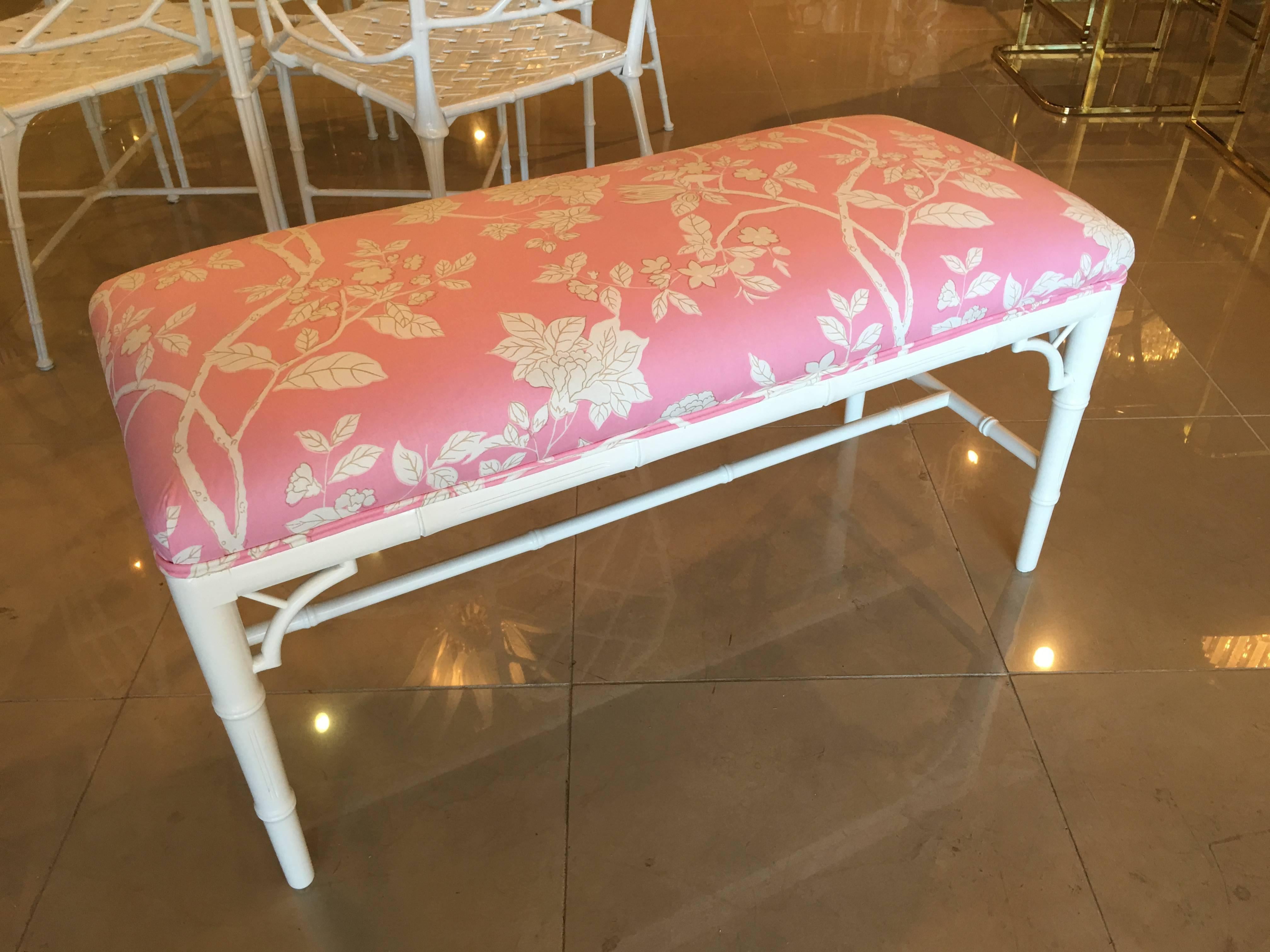 Upholstery Pair Available Faux Bamboo Chinese Chippendale Bench, Chinoiserie Pink Lacquered