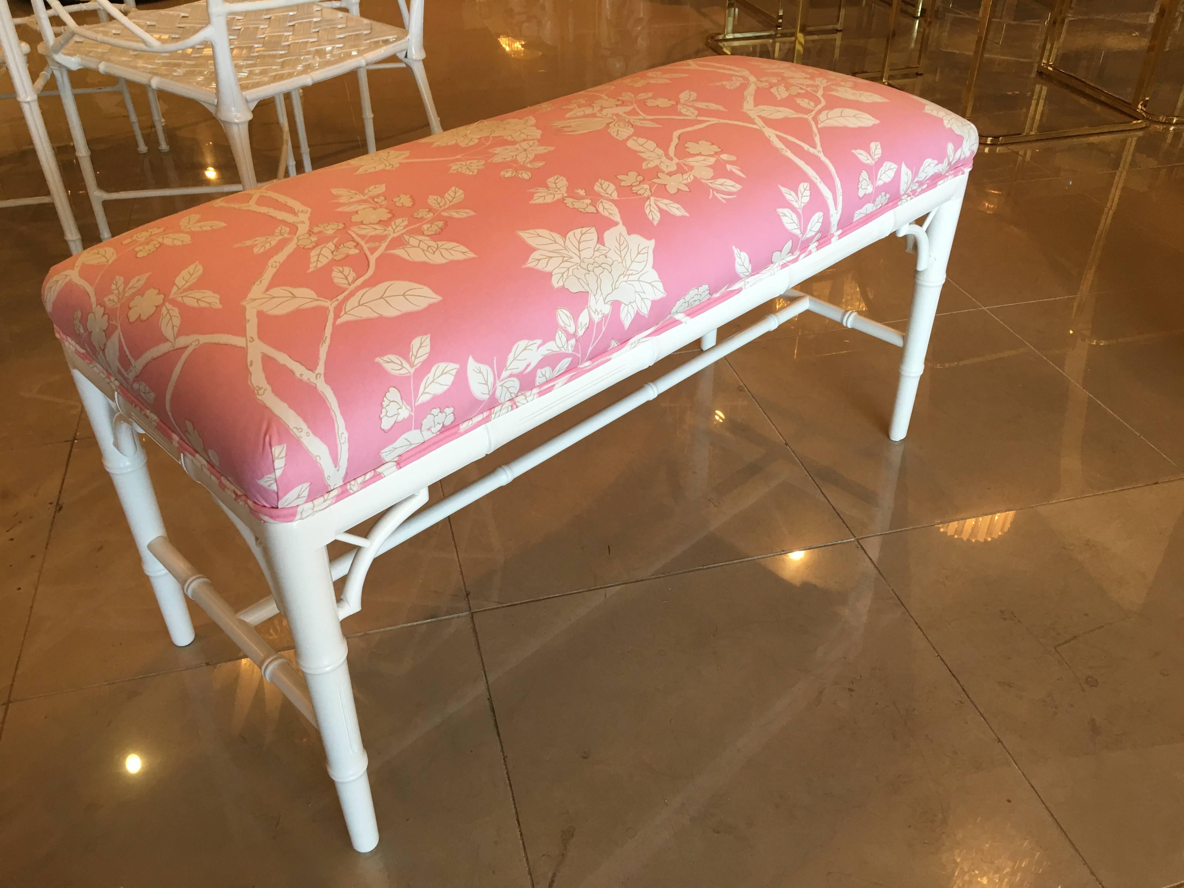 Pair Available Faux Bamboo Chinese Chippendale Bench, Chinoiserie Pink Lacquered 1