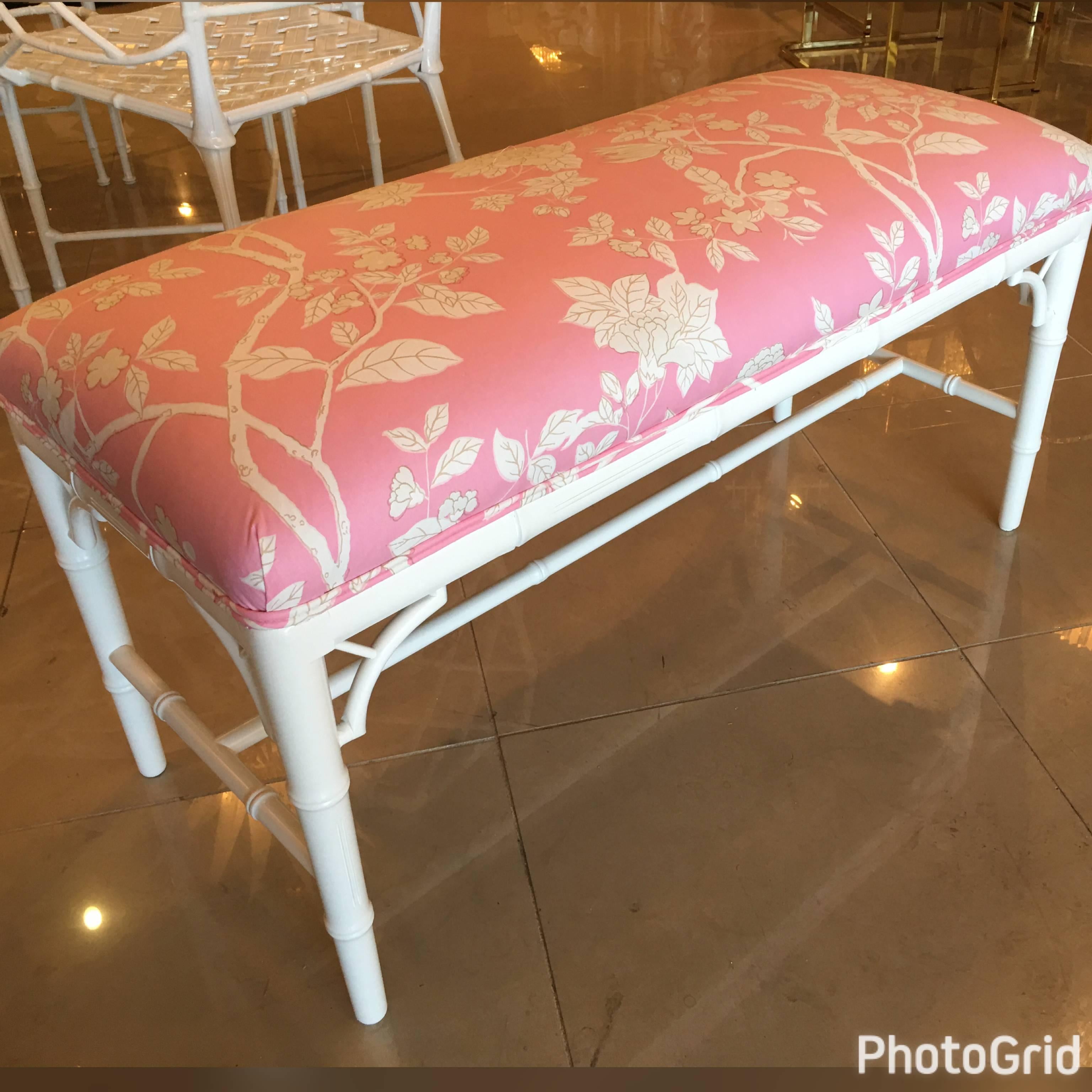 Pair Available Faux Bamboo Chinese Chippendale Bench, Chinoiserie Pink Lacquered 2