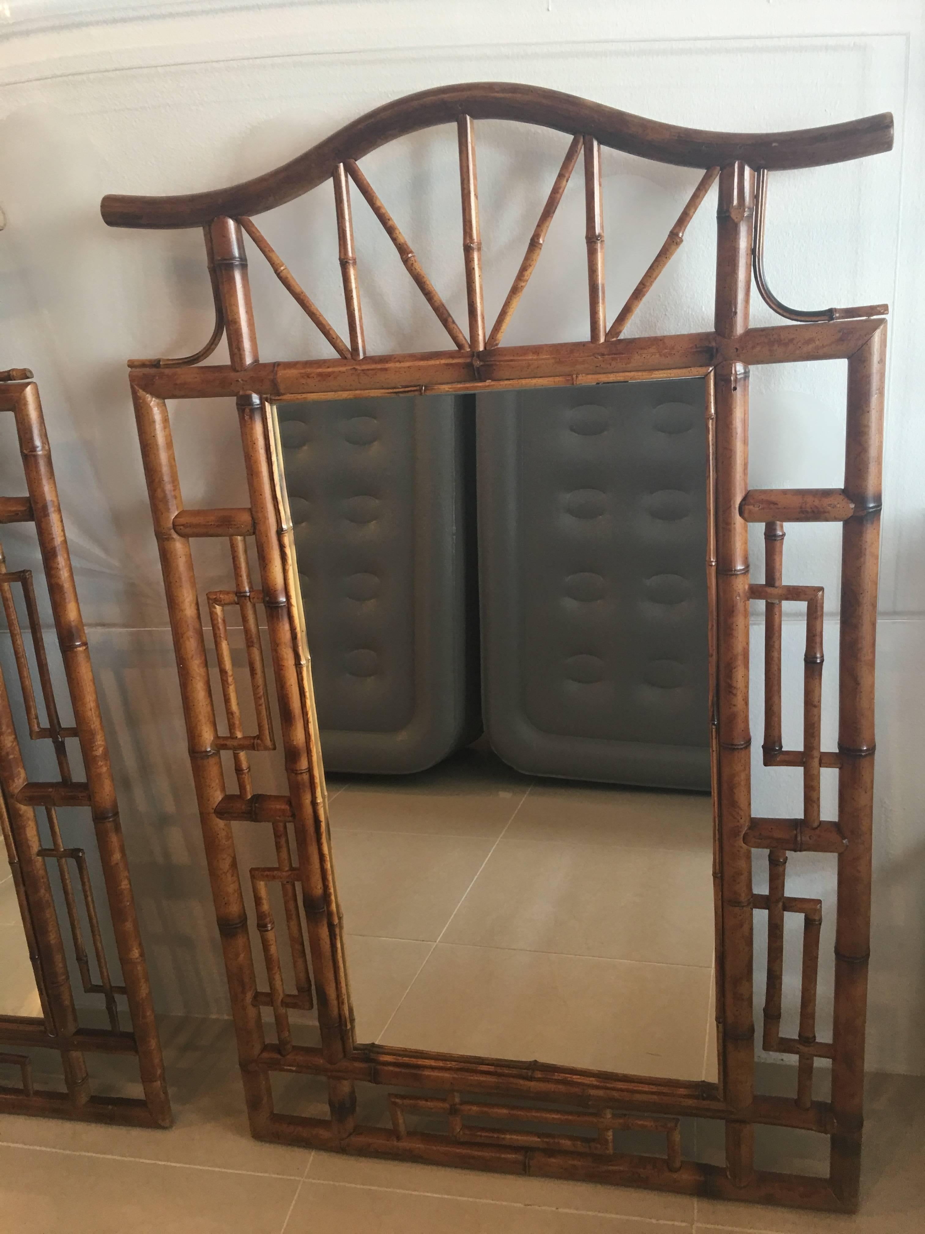 Hollywood Regency Pair of Pagoda Faux Bamboo Large Wall Mirrors Palm Beach Chinese Chippendale