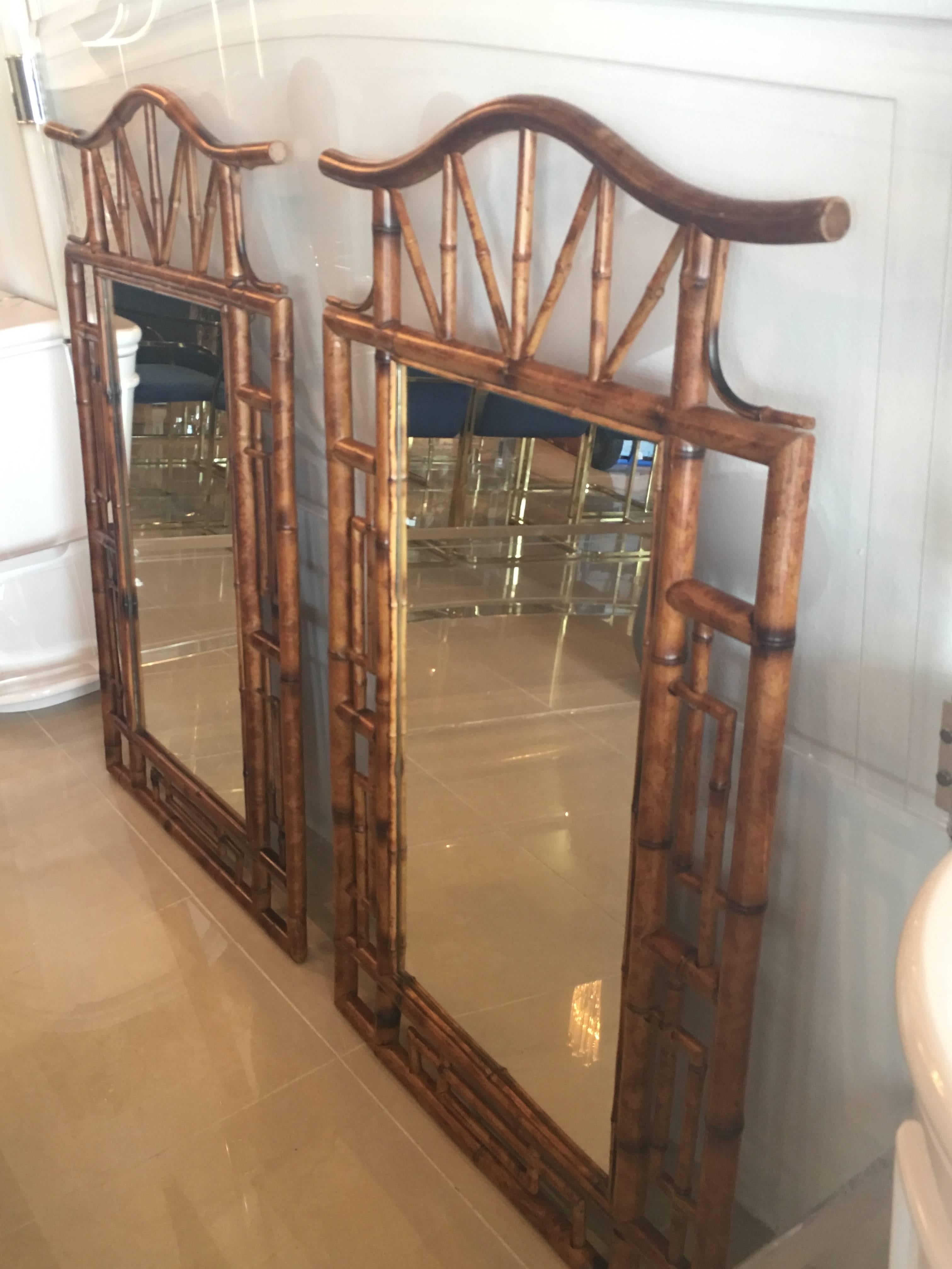 Pair of Pagoda Faux Bamboo Large Wall Mirrors Palm Beach Chinese Chippendale 2