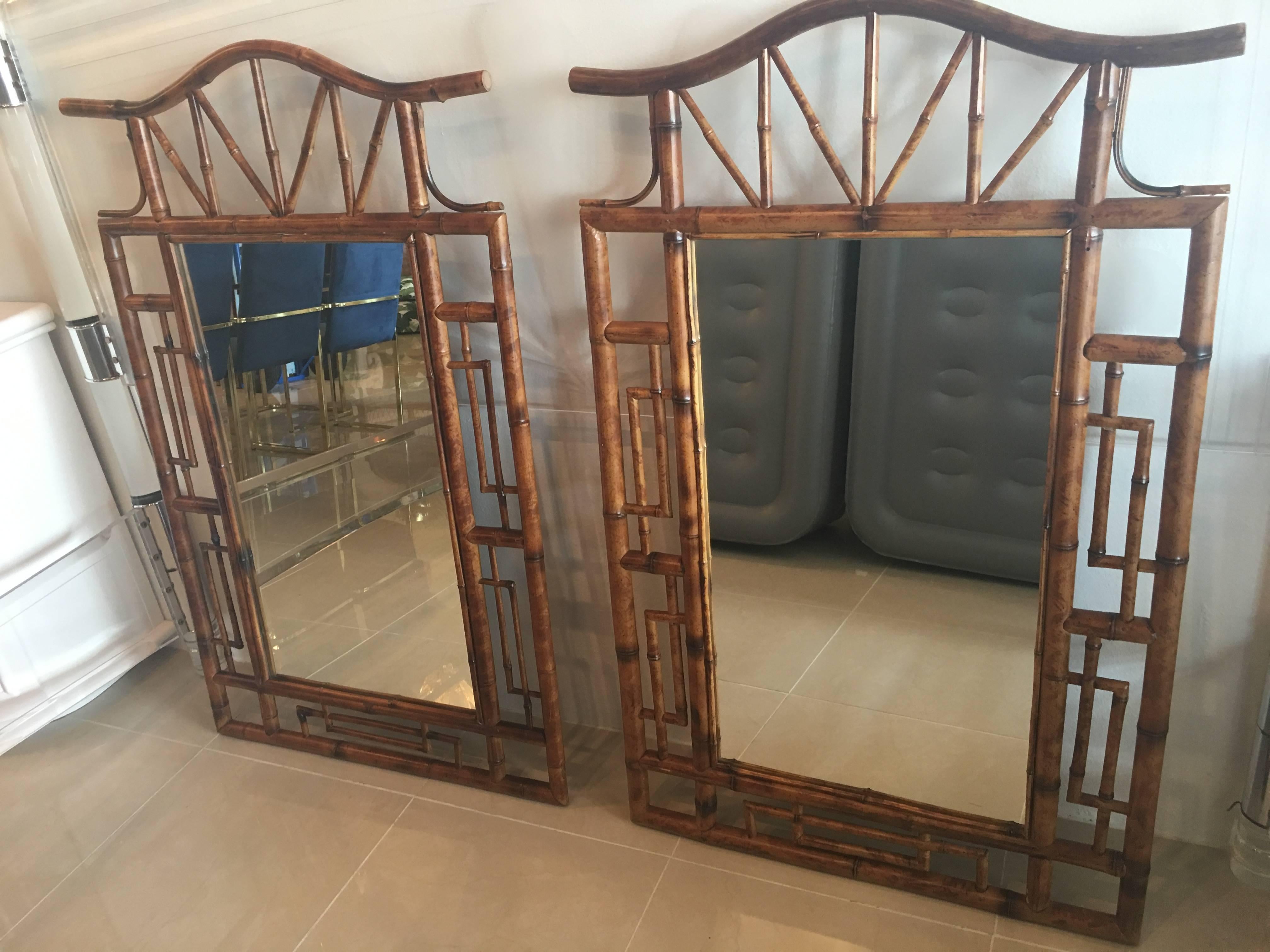 Mid-20th Century Pair of Pagoda Faux Bamboo Large Wall Mirrors Palm Beach Chinese Chippendale