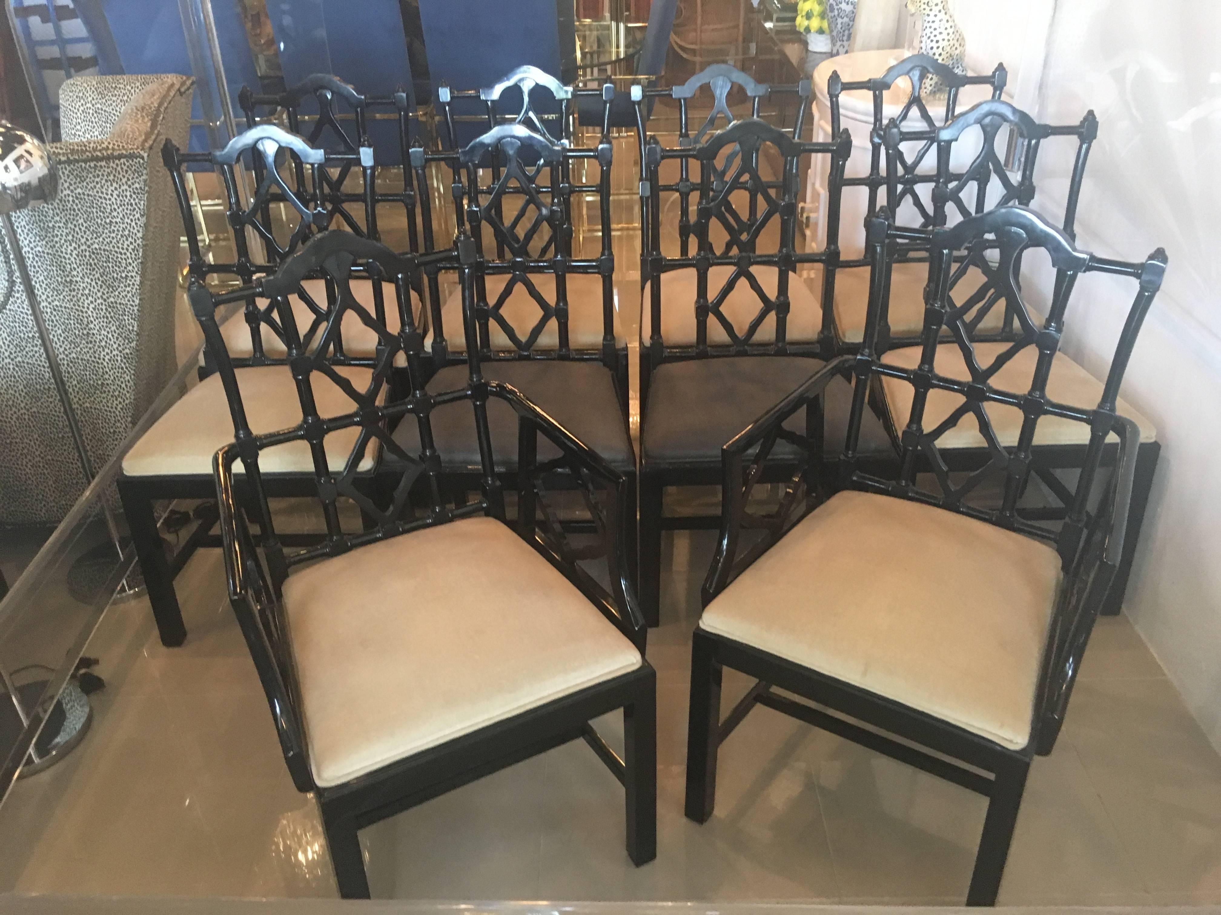 Mid-20th Century Set of Ten Chinese Chippendale Fretwork Dining Chairs Made in Spain Chinoiserie