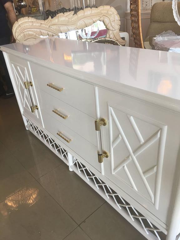 Lacquered Credenza Sideboard Buffet Dresser Vintage Rattan Lucite and