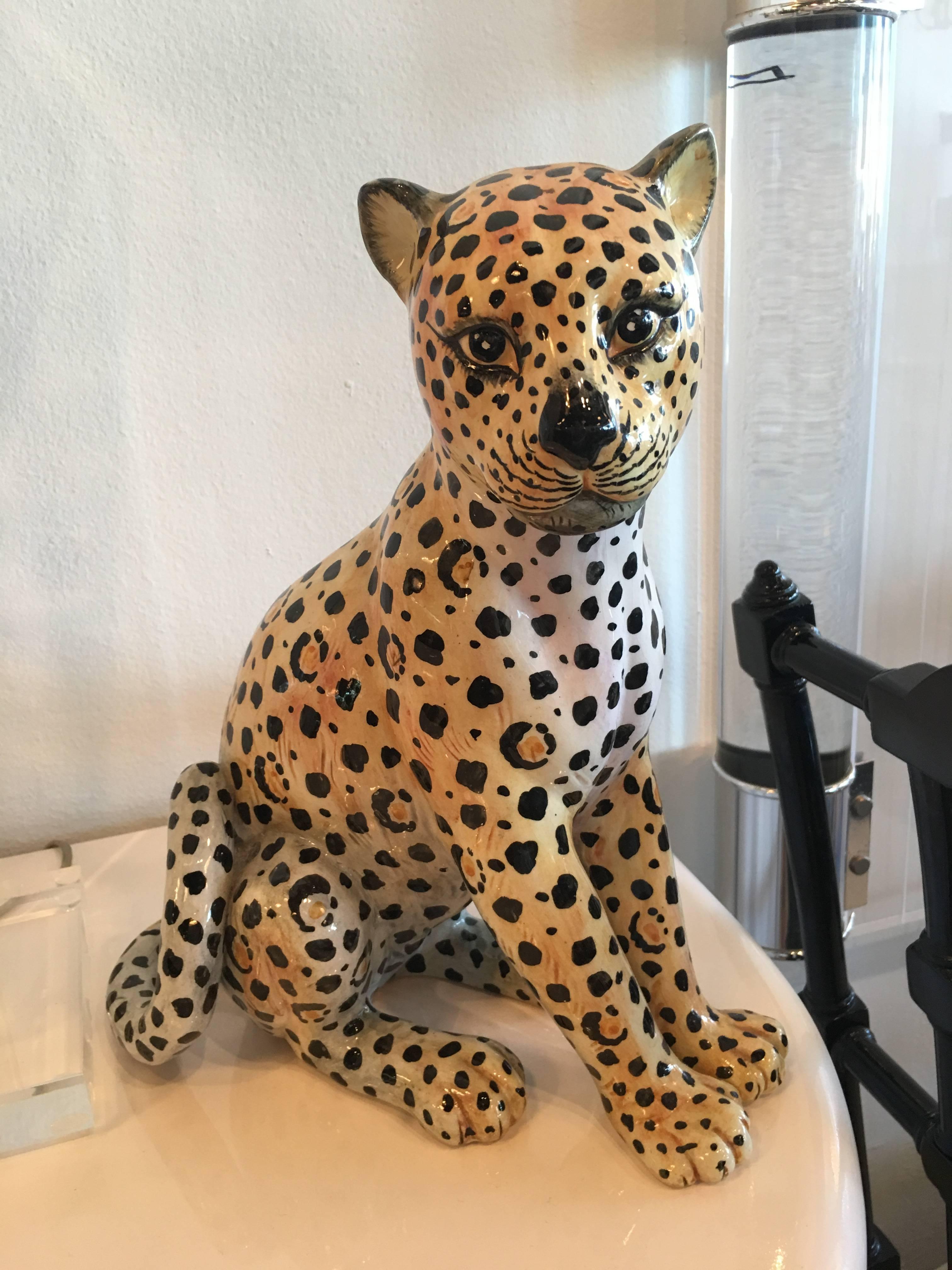 Mid-20th Century Italian Cheetah Ceramic Statue Vintage Made in Italy Hollywood Regency