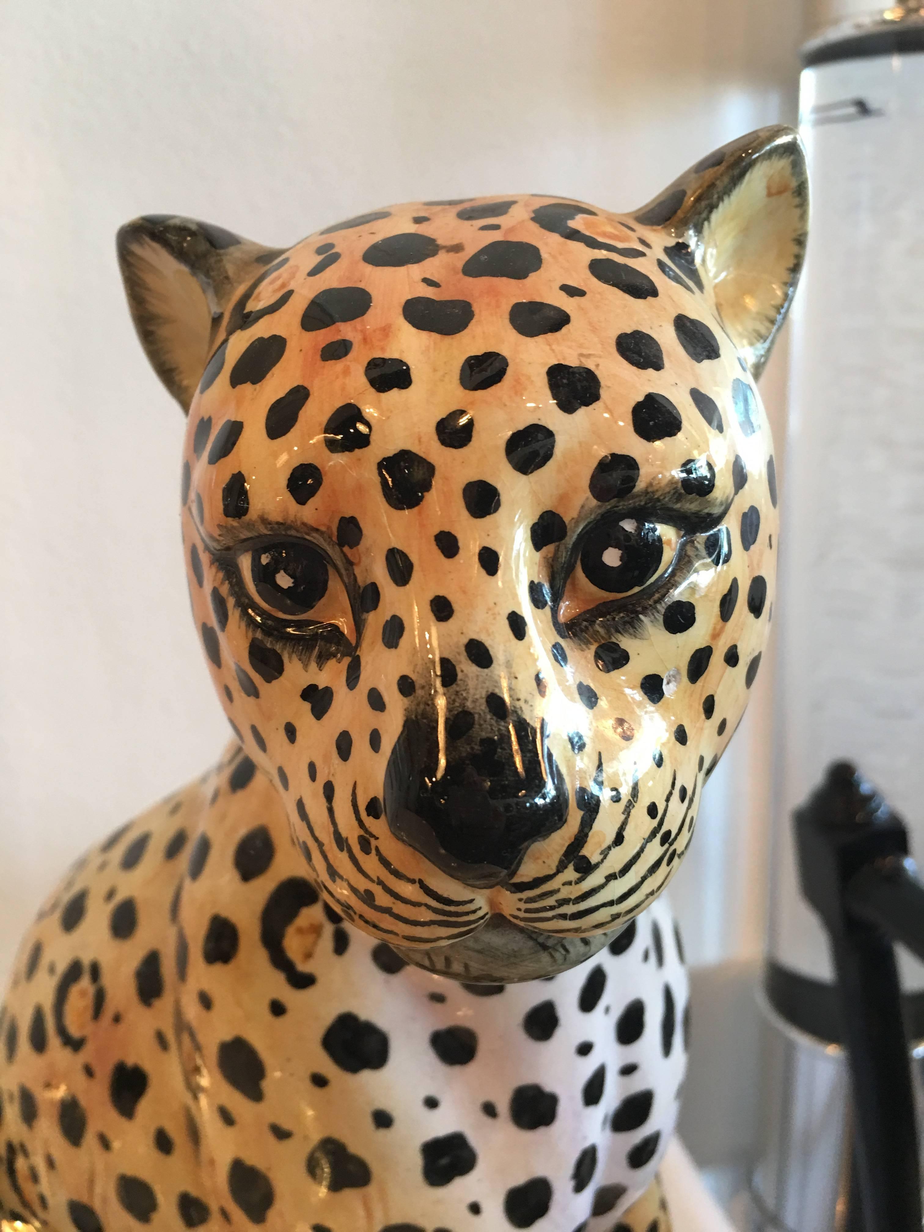 Italian Cheetah Ceramic Statue Vintage Made in Italy Hollywood Regency 1