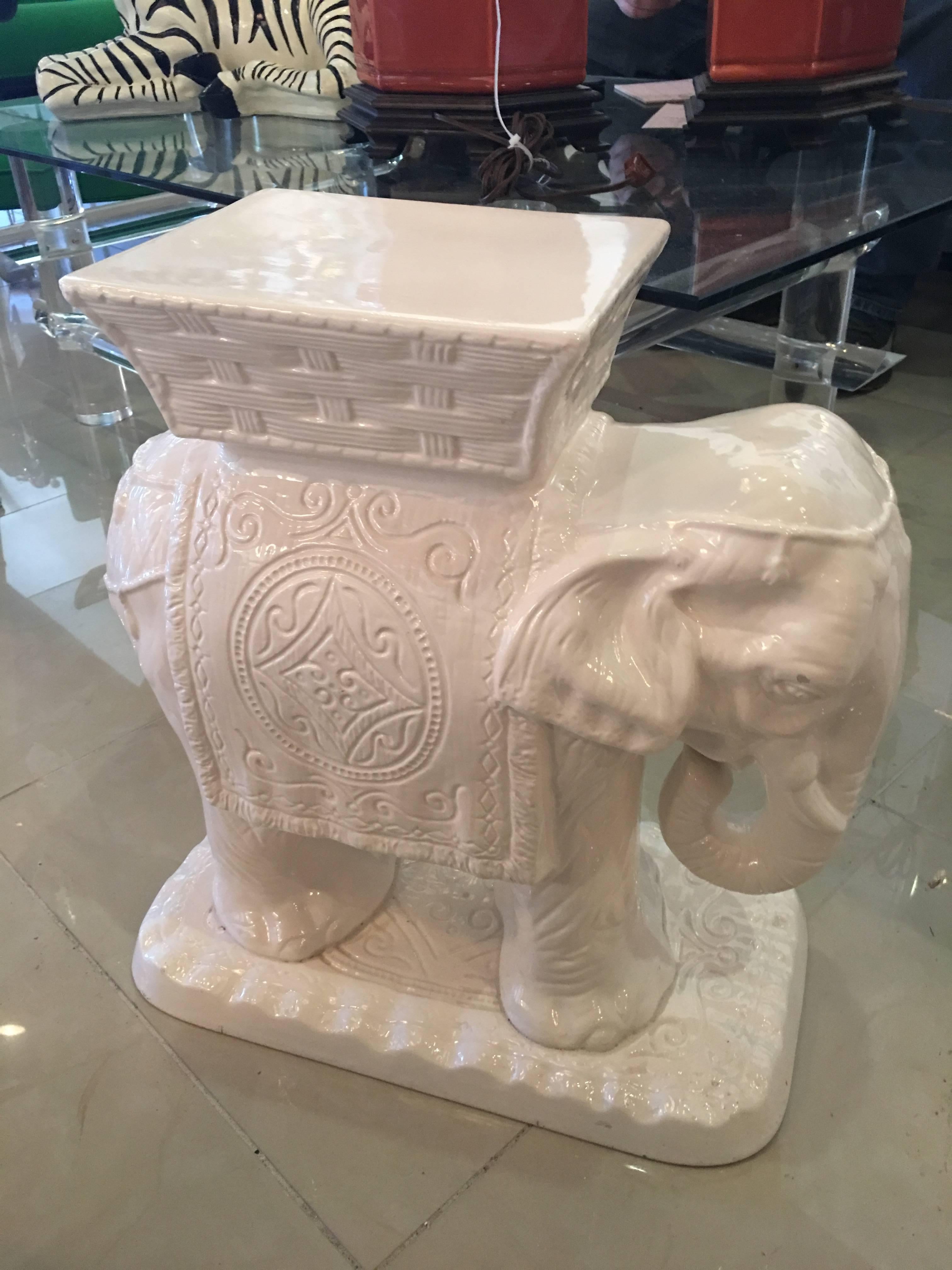 Late 20th Century Pair of Vintage Elephant Garden Stools Stands White Hollywood Regency