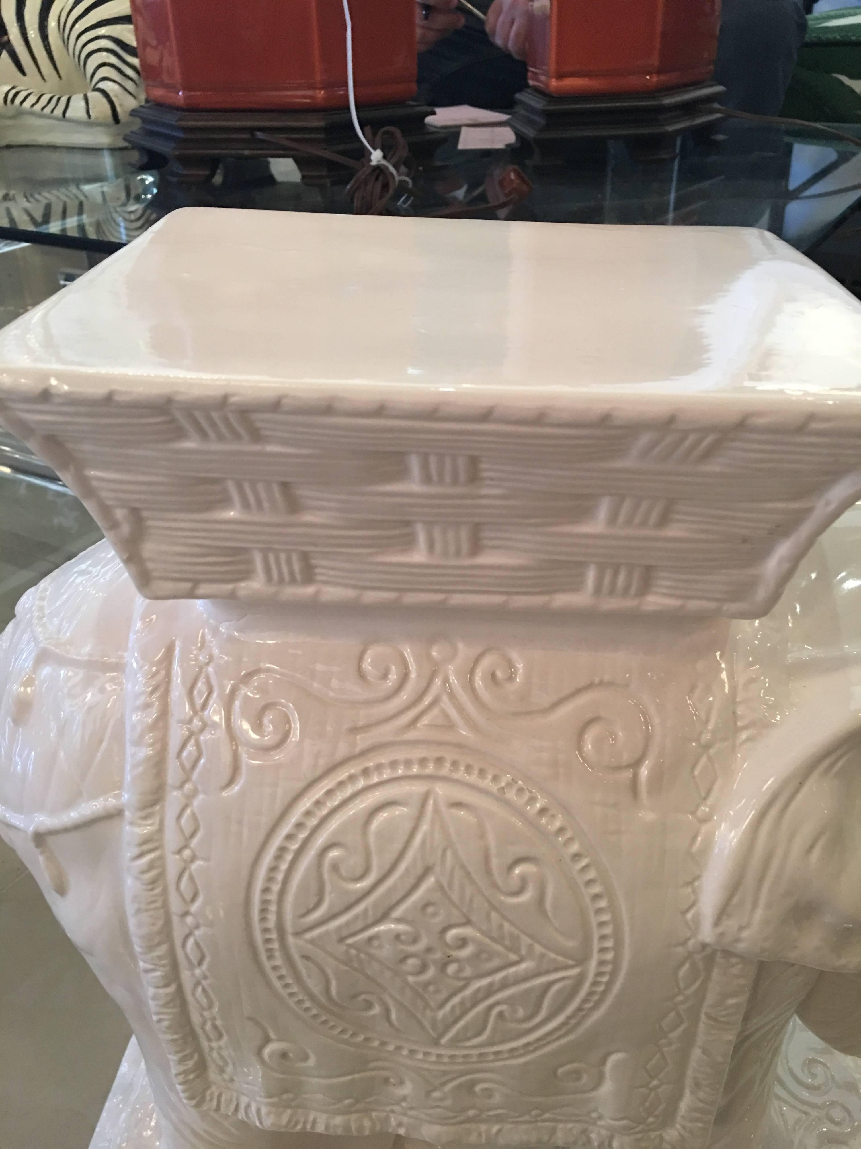 Ceramic Pair of Vintage Elephant Garden Stools Stands White Hollywood Regency