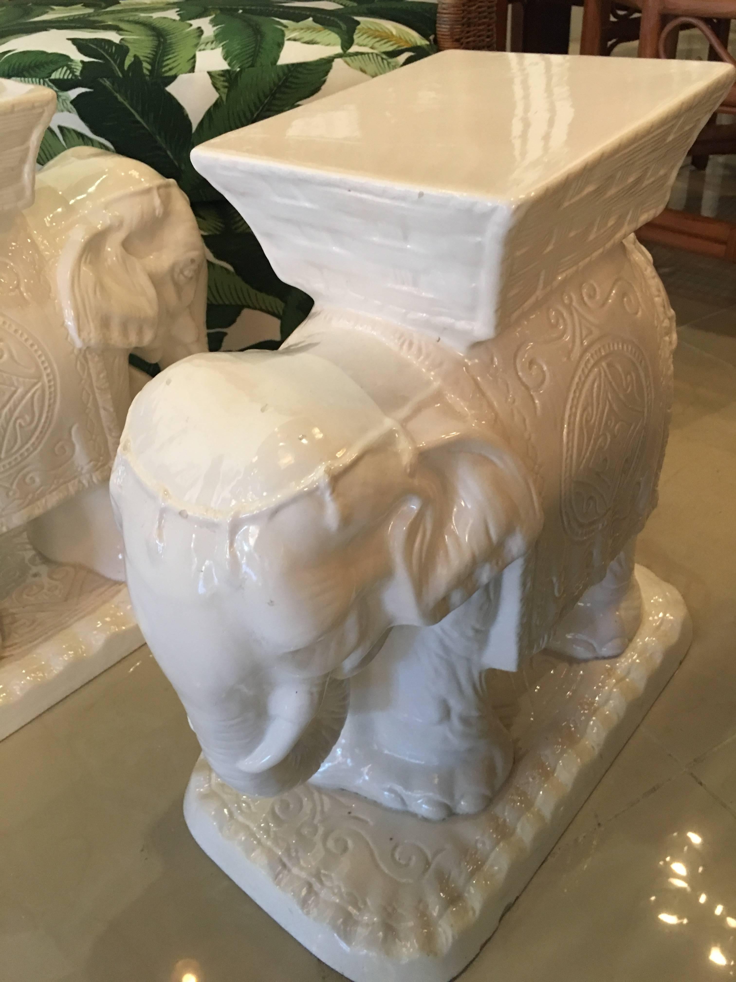 Pair of Vintage Elephant Garden Stools Stands White Hollywood Regency 3