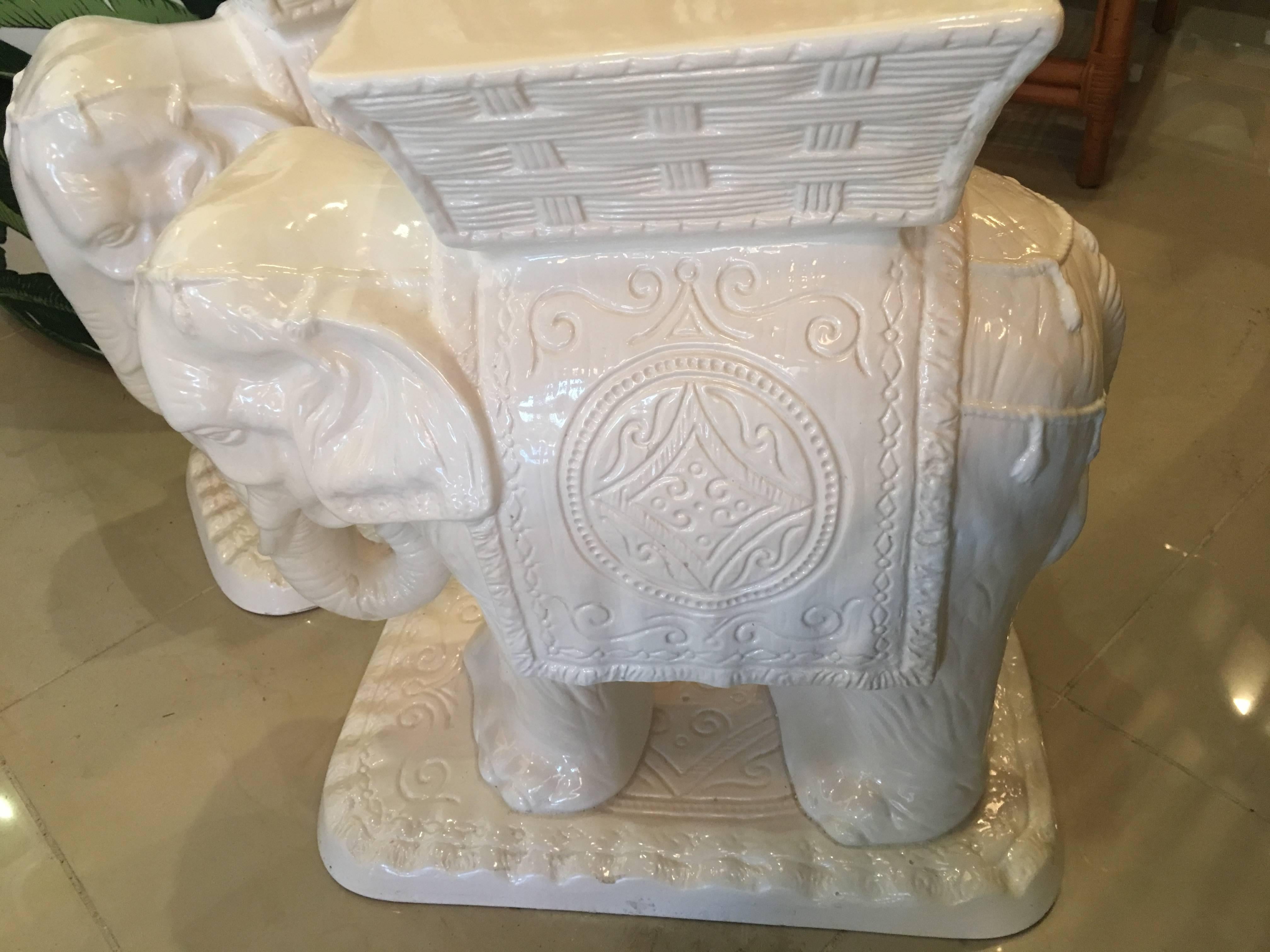 American Pair of Vintage Elephant Garden Stools Stands White Hollywood Regency