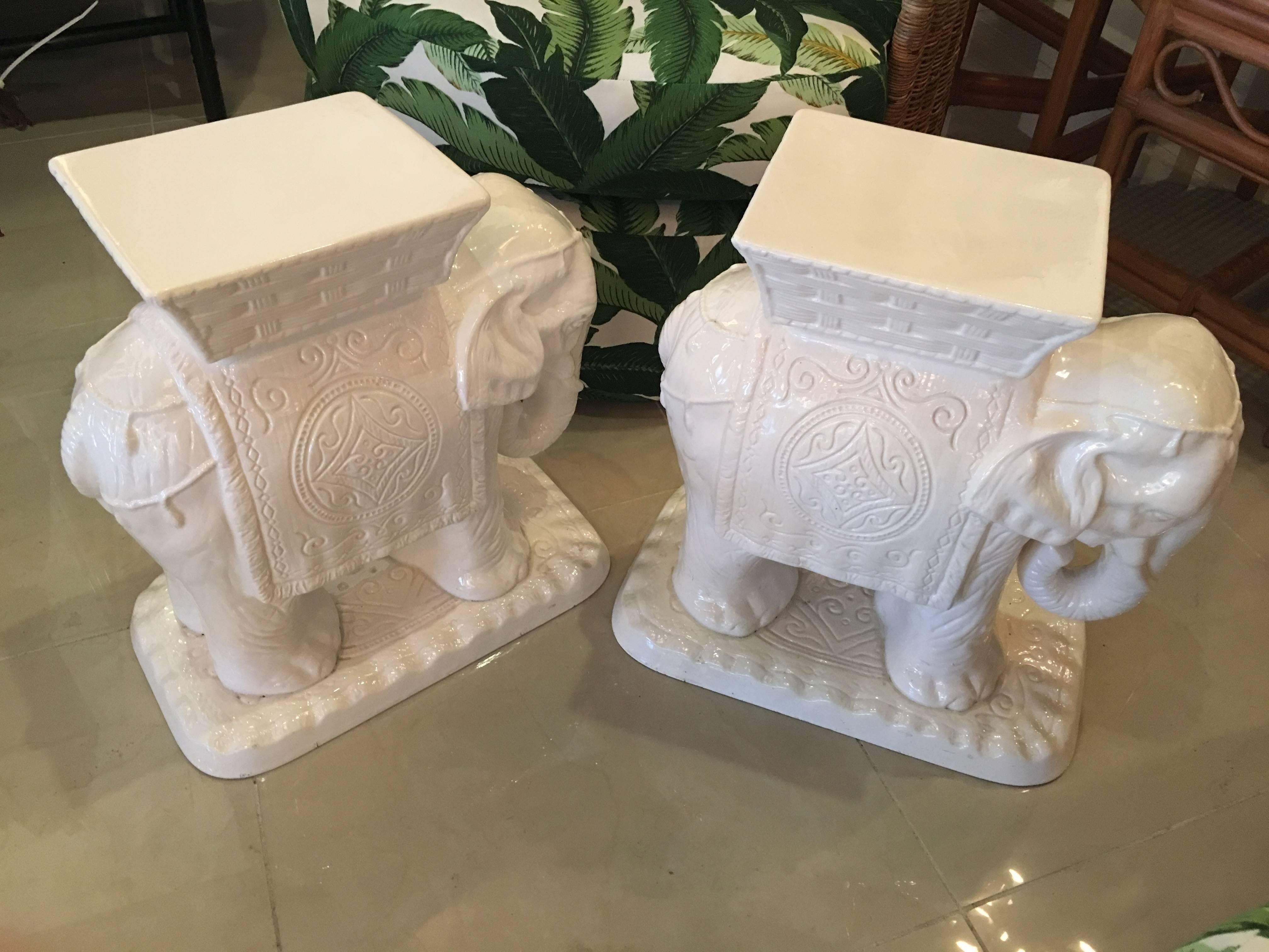 Pair of Vintage Elephant Garden Stools Stands White Hollywood Regency 4