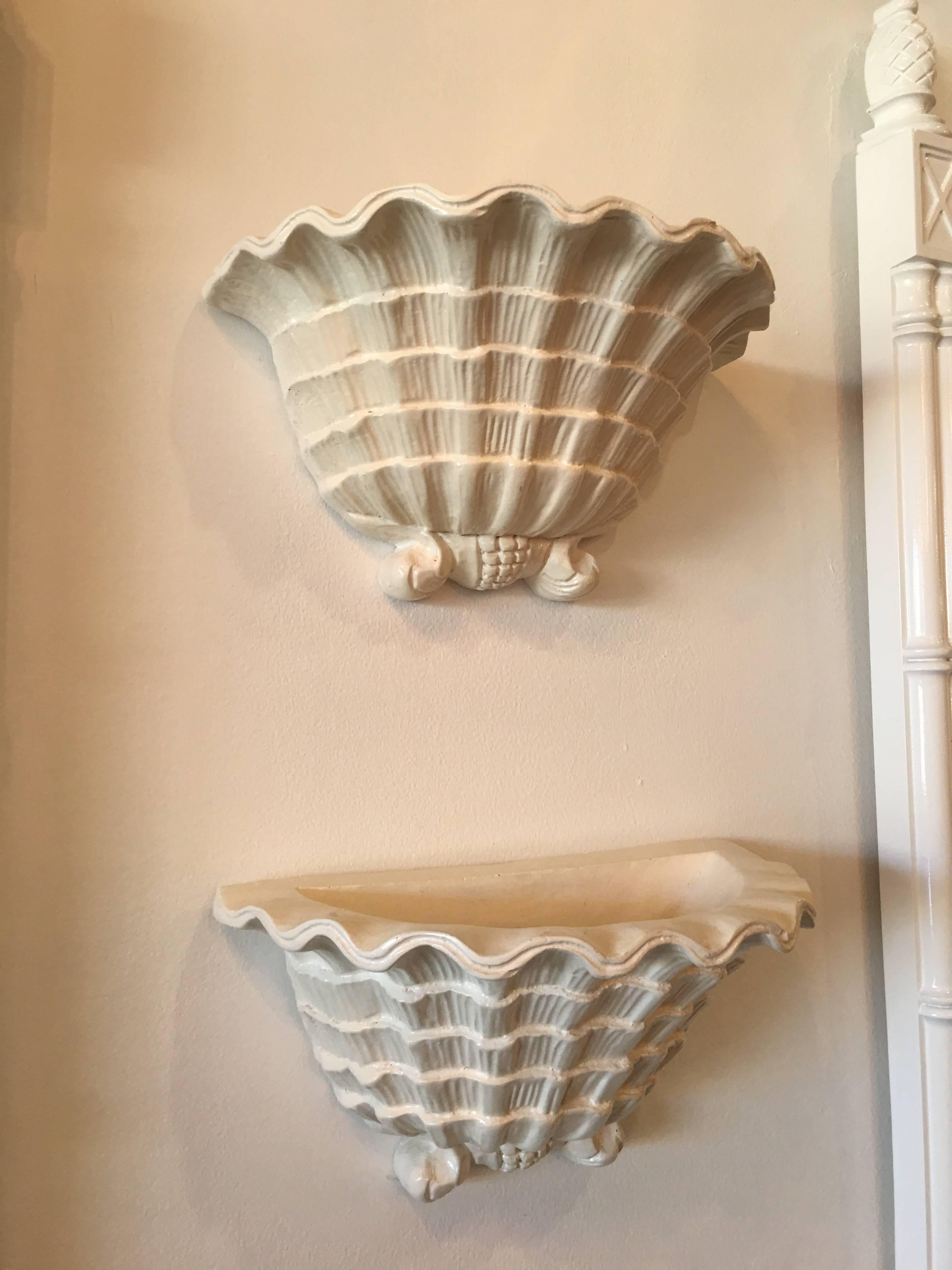 Hollywood Regency Pair of Serge Roche Style Wall Sconces Plaster Seashell Scalloped Shell Planters
