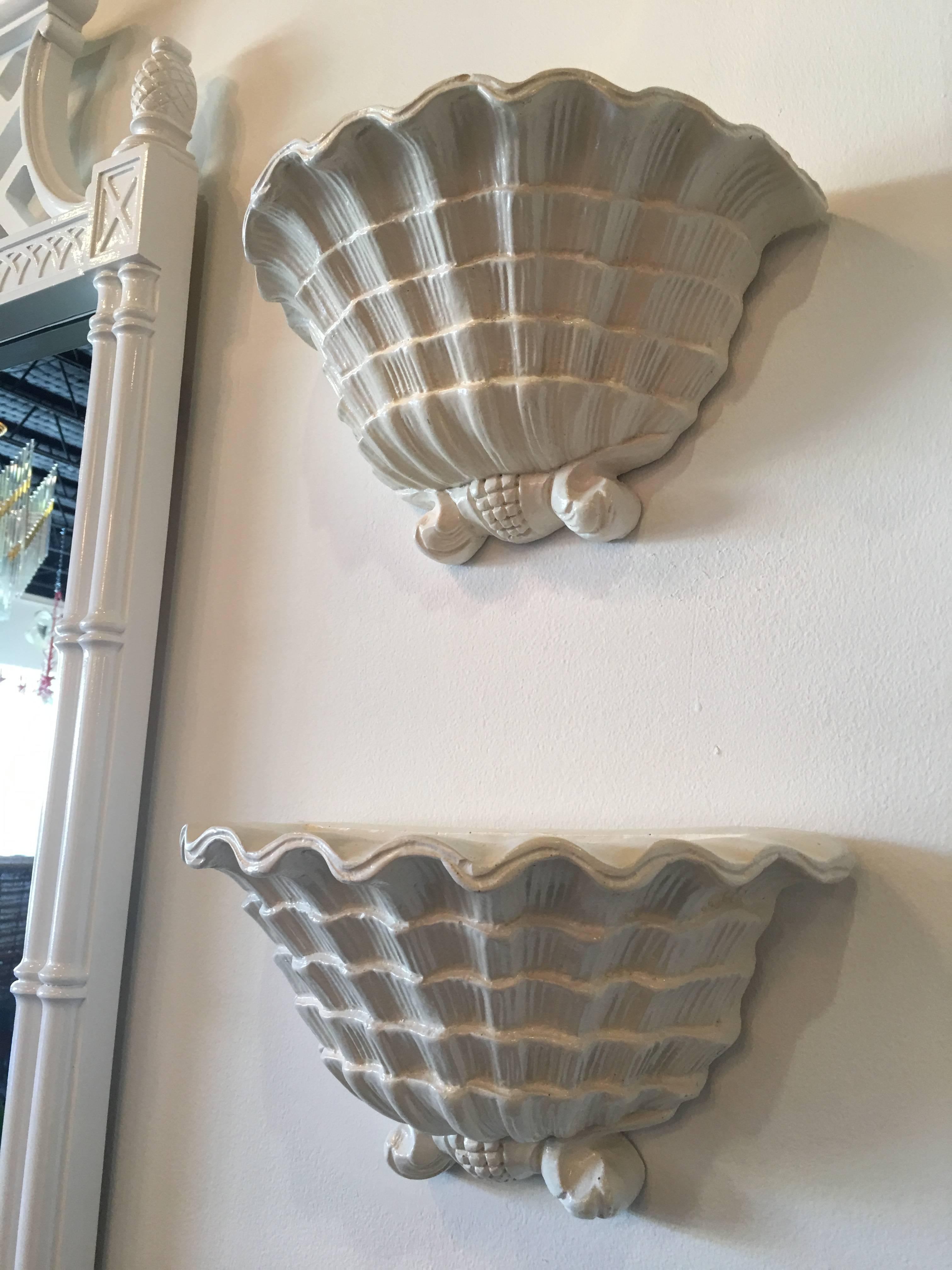 Italian Pair of Serge Roche Style Wall Sconces Plaster Seashell Scalloped Shell Planters