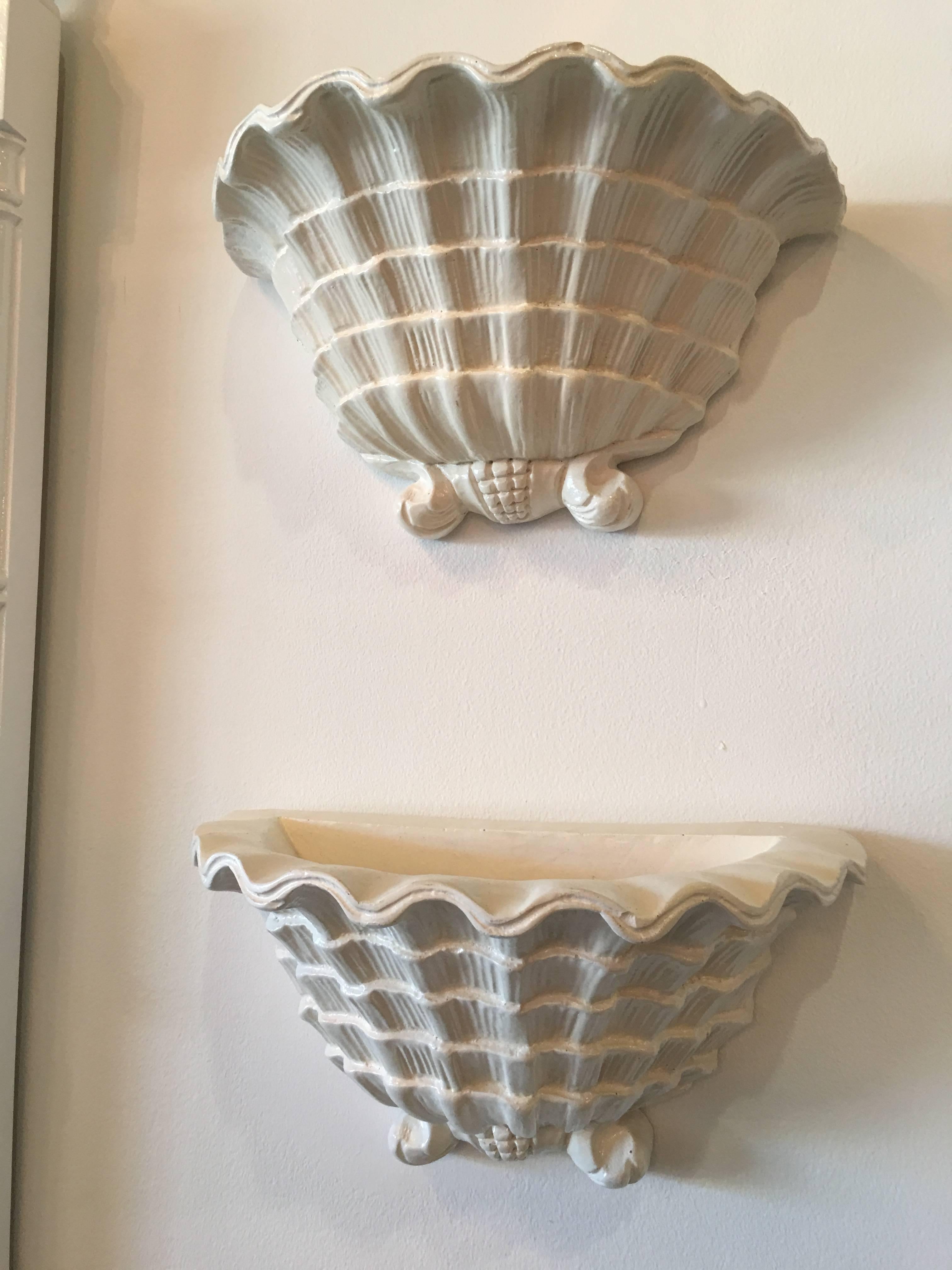 Pair of Serge Roche Style Wall Sconces Plaster Seashell Scalloped Shell Planters In Excellent Condition In West Palm Beach, FL