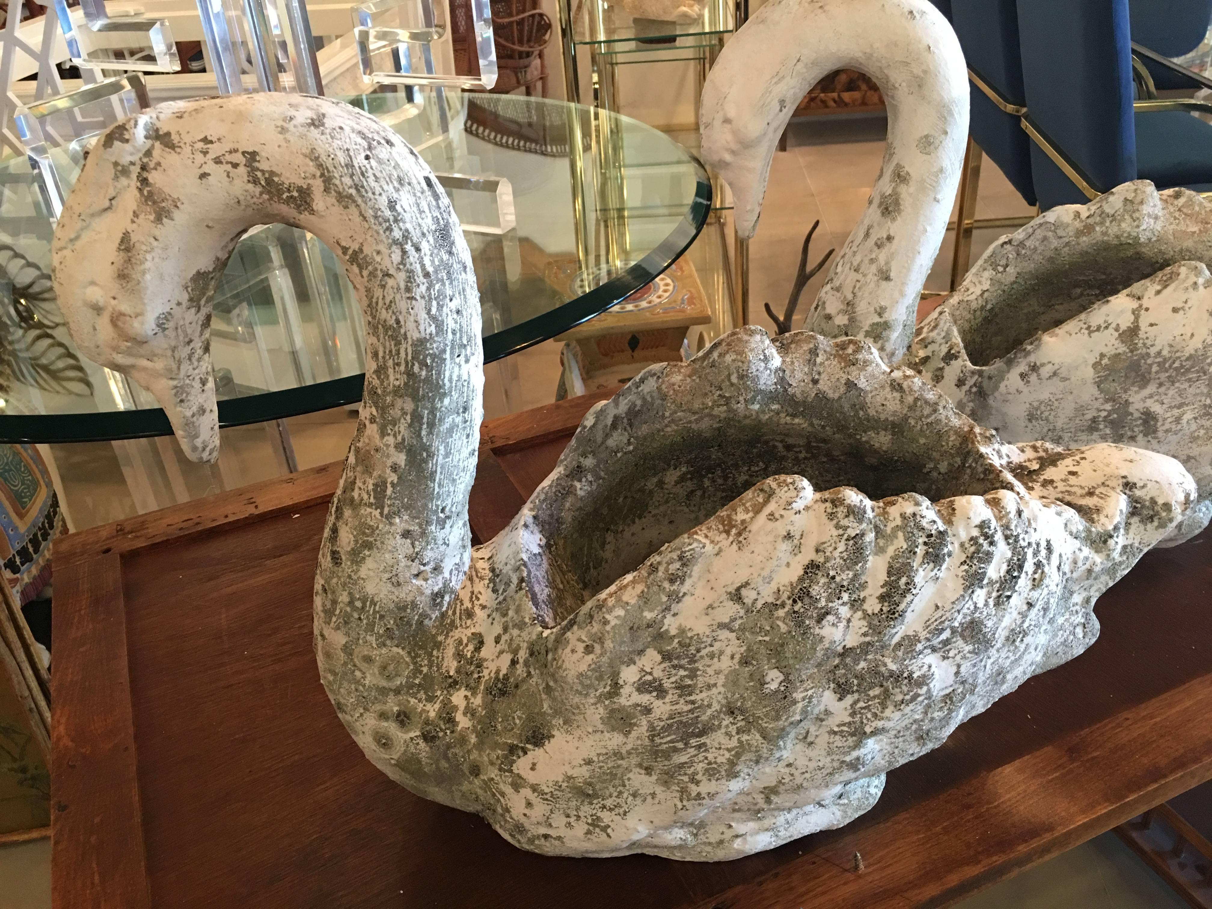 The best pair of vintage concrete English garden swans, Planters. These have all the wonderful patina on them that can only be achieved with time! They have a drainage hole in the pot area. There are no chips or breaks in them. Heavy and sturdy!