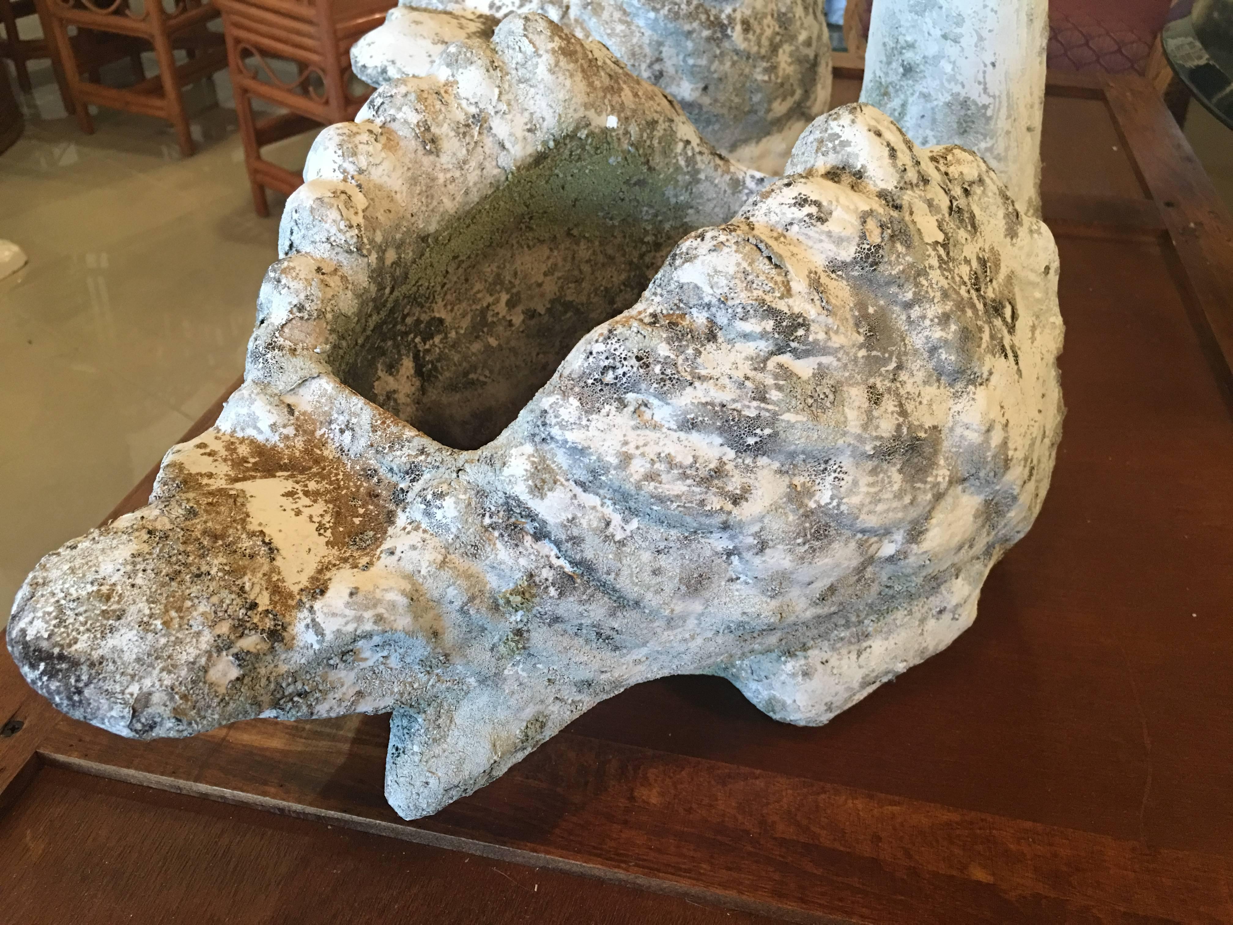 Romantic Pair of Vintage Concrete Large Swan English Garden Planters Urns Patina