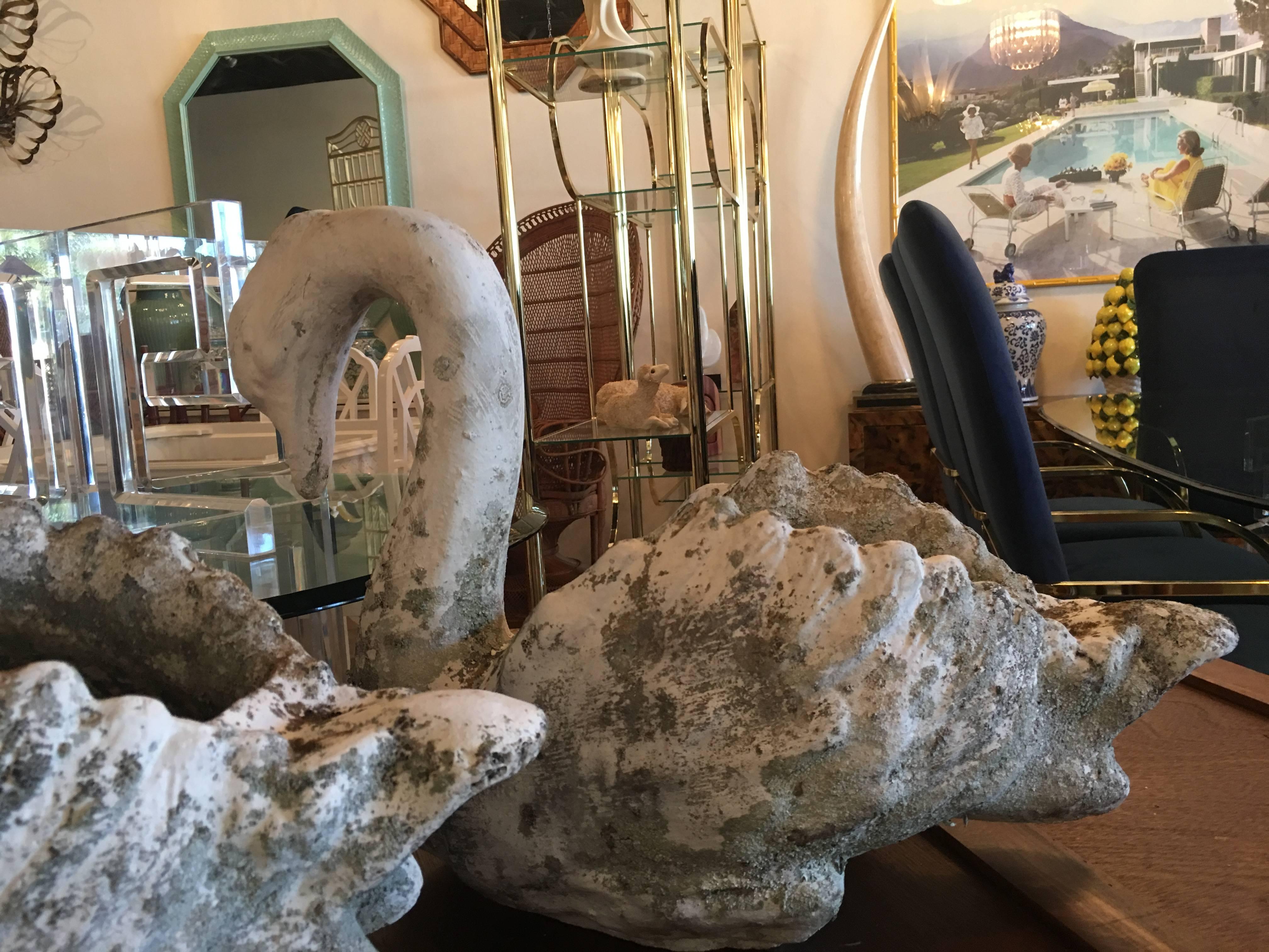 Pair of Vintage Concrete Large Swan English Garden Planters Urns Patina  In Distressed Condition In West Palm Beach, FL