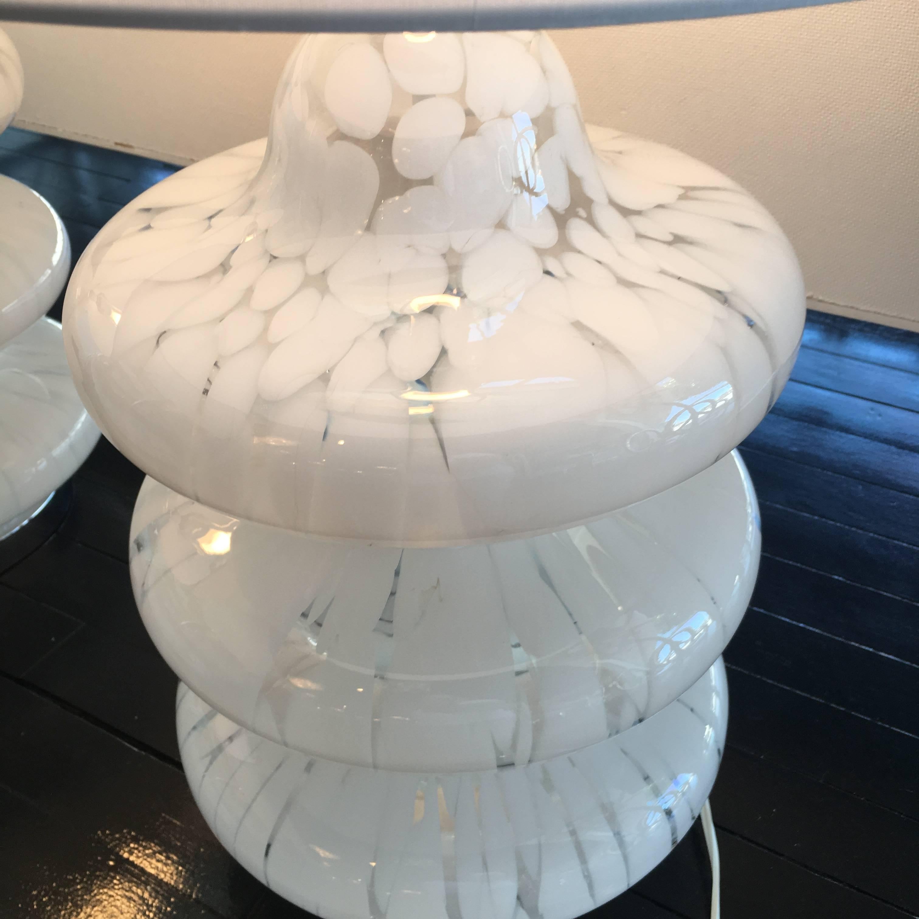 Italian Pair of Murano Three-Tier Mottled Glass Table Lamps, Chrome Hollywood Regency