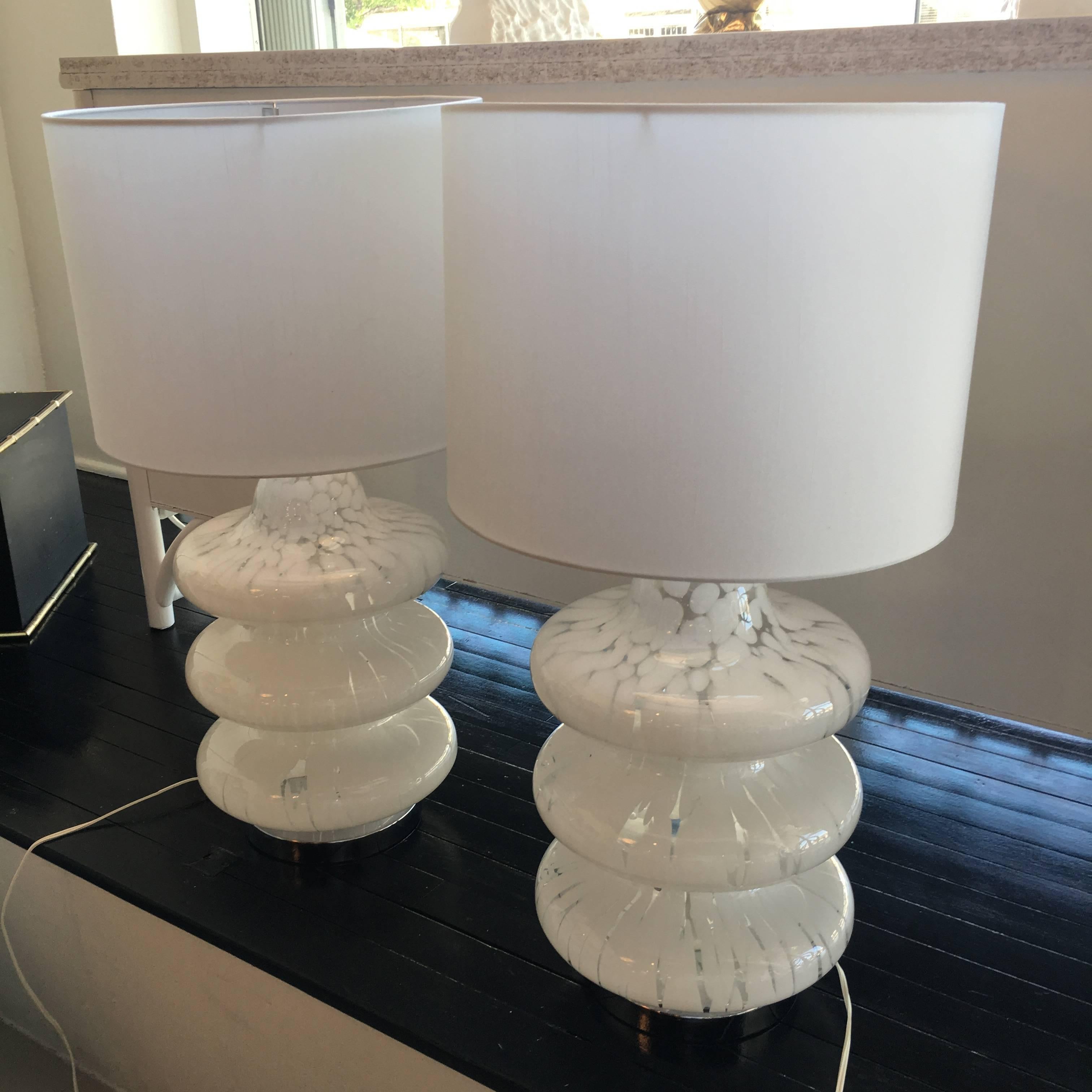 Pair of Murano Three-Tier Mottled Glass Table Lamps, Chrome Hollywood Regency 1