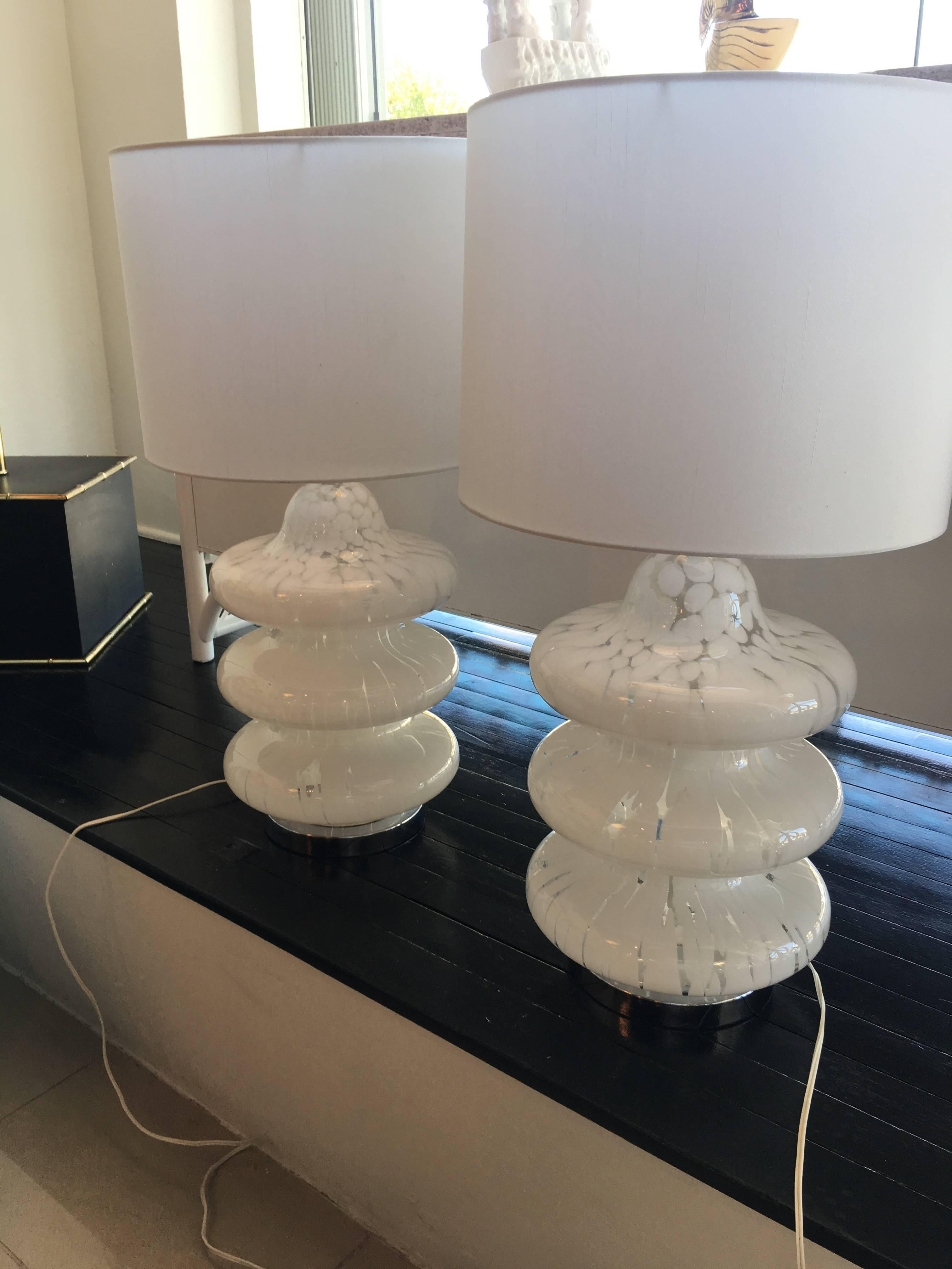 Pair of Murano Three-Tier Mottled Glass Table Lamps, Chrome Hollywood Regency 2
