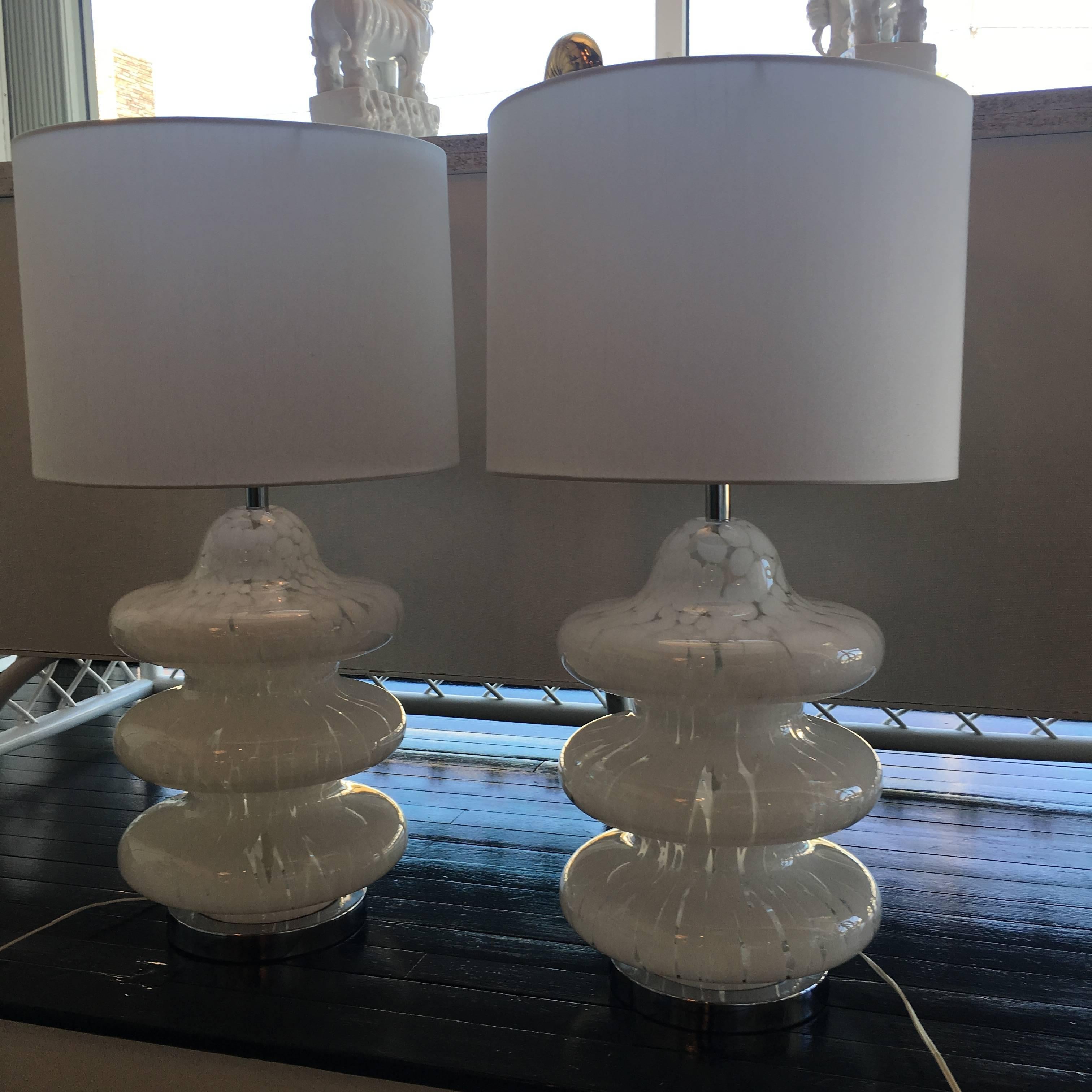 Pair of Murano Three-Tier Mottled Glass Table Lamps, Chrome Hollywood Regency 4
