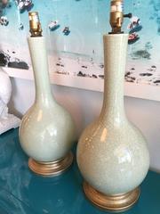 Pair of Table Lamps Green Celadon Crackled Glazed Porcelain Vintage Chinoiserie