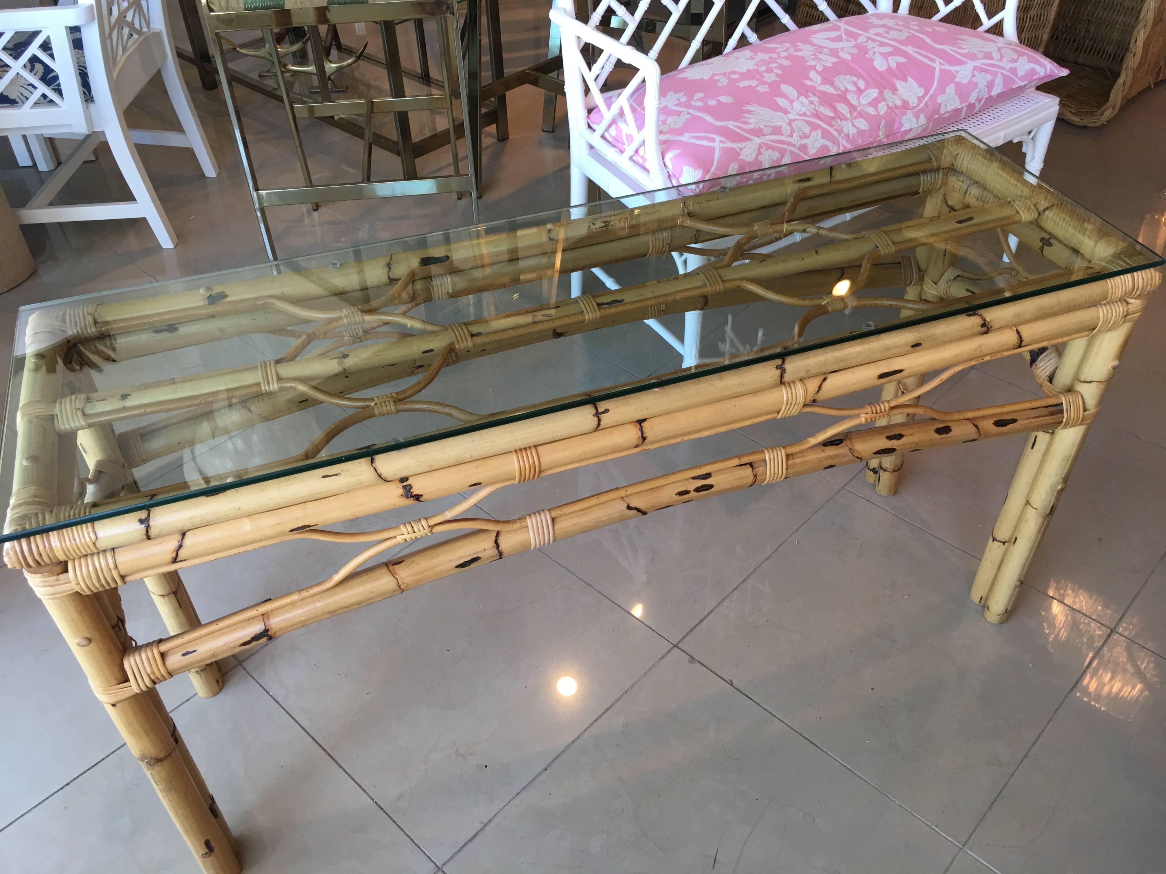 Rattan Burnt Bamboo Console Sofa Table Vintage Hollywood Regency Palm Beach In Good Condition In West Palm Beach, FL