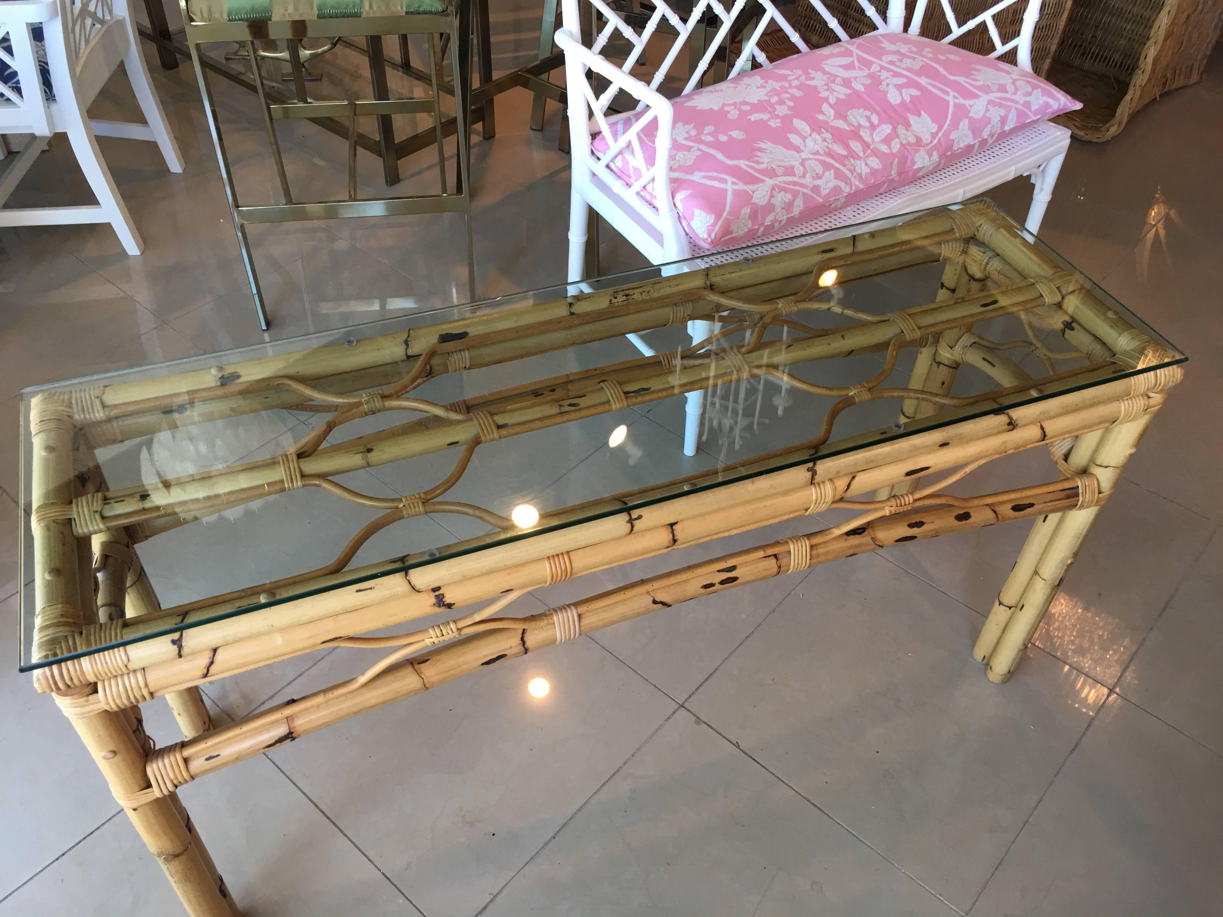 Rattan Burnt Bamboo Console Sofa Table Vintage Hollywood Regency Palm Beach 1