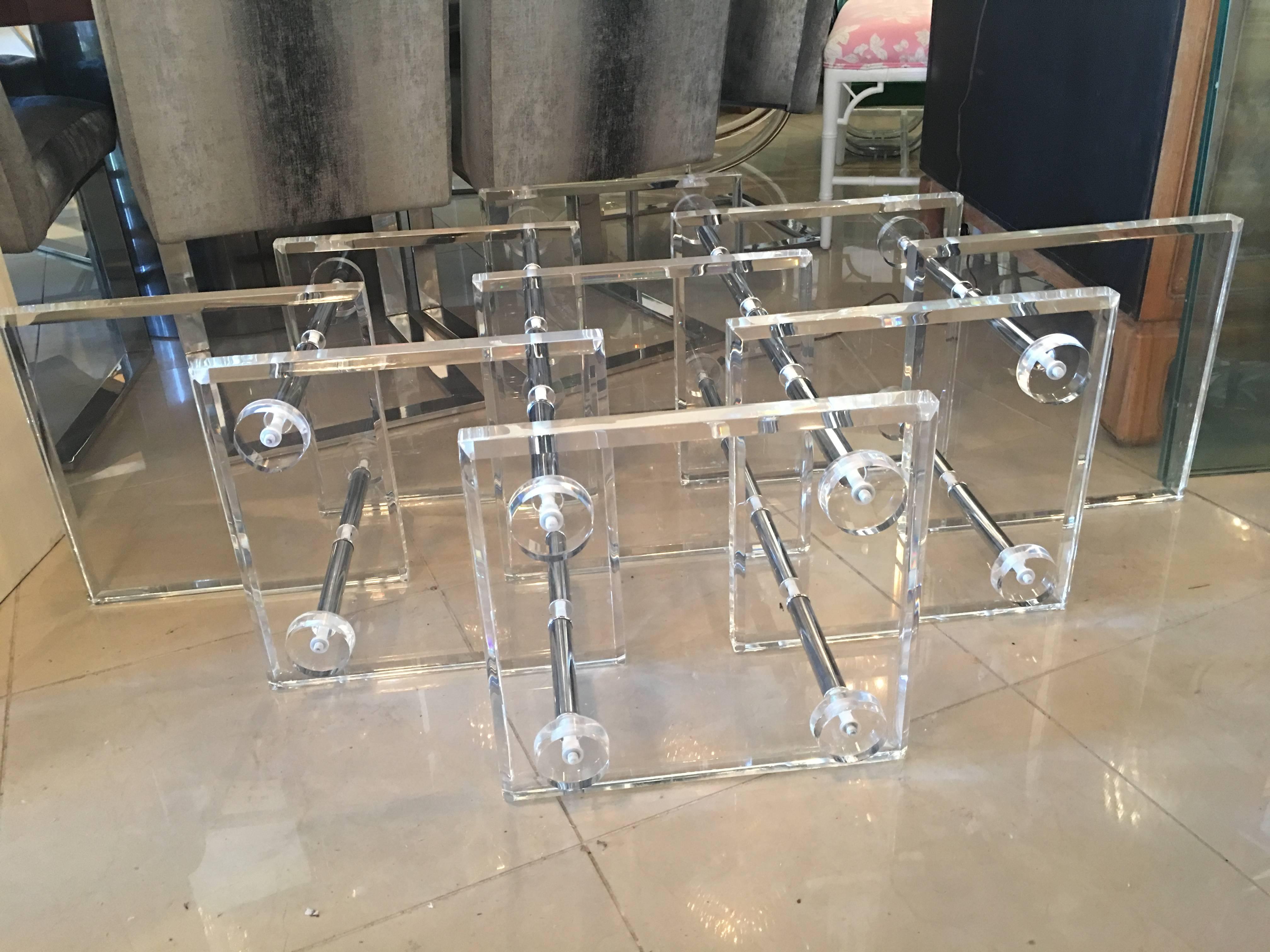 Monumental size vintage Lucite and chrome cocktail, coffee table. Glass top not included. Overall good condition with a few minor scuffs.