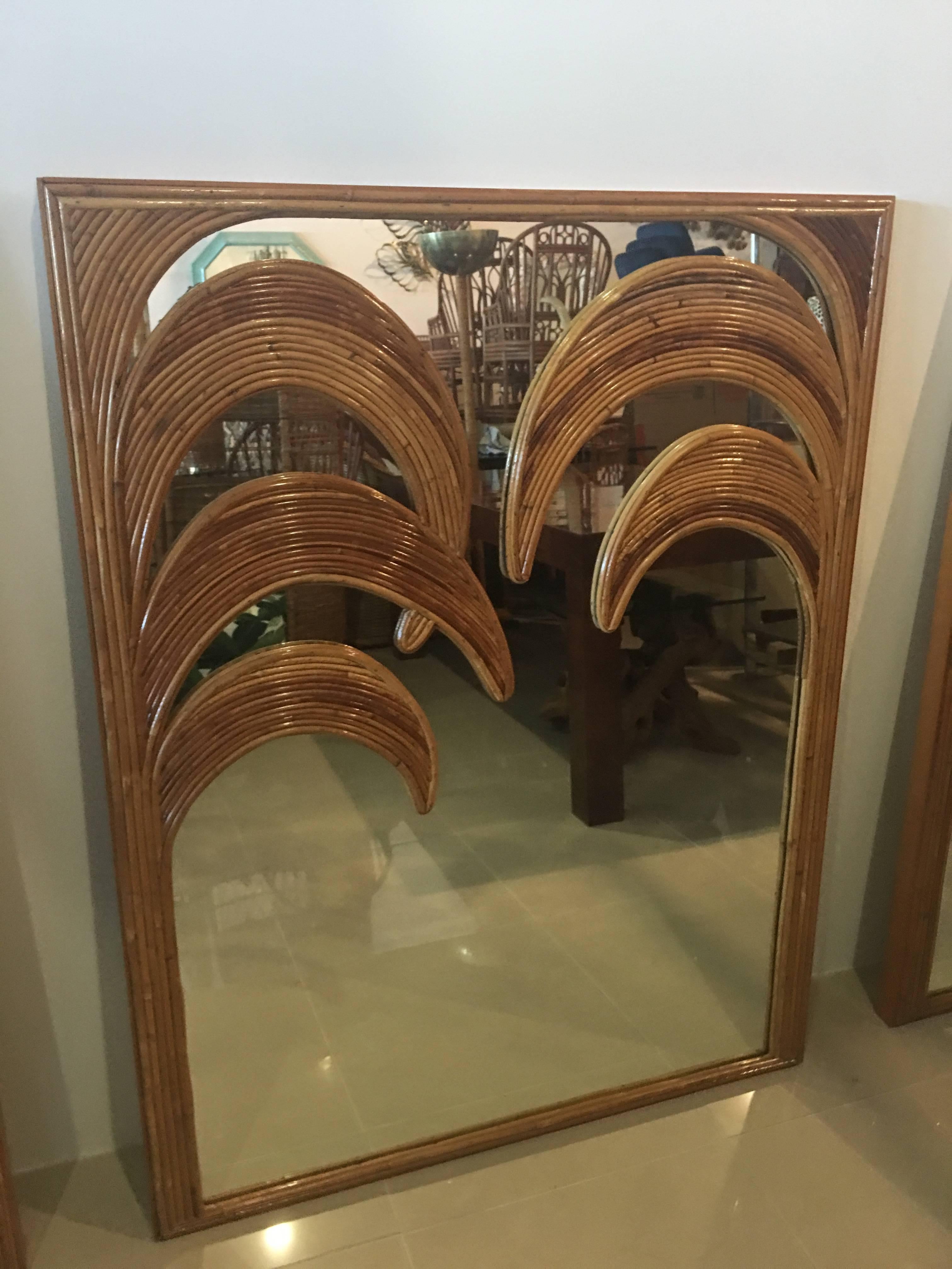 Hollywood Regency Split Reed Bamboo Wall Mirrors, Set of Three Tropical Leaf Palm Tree Frond