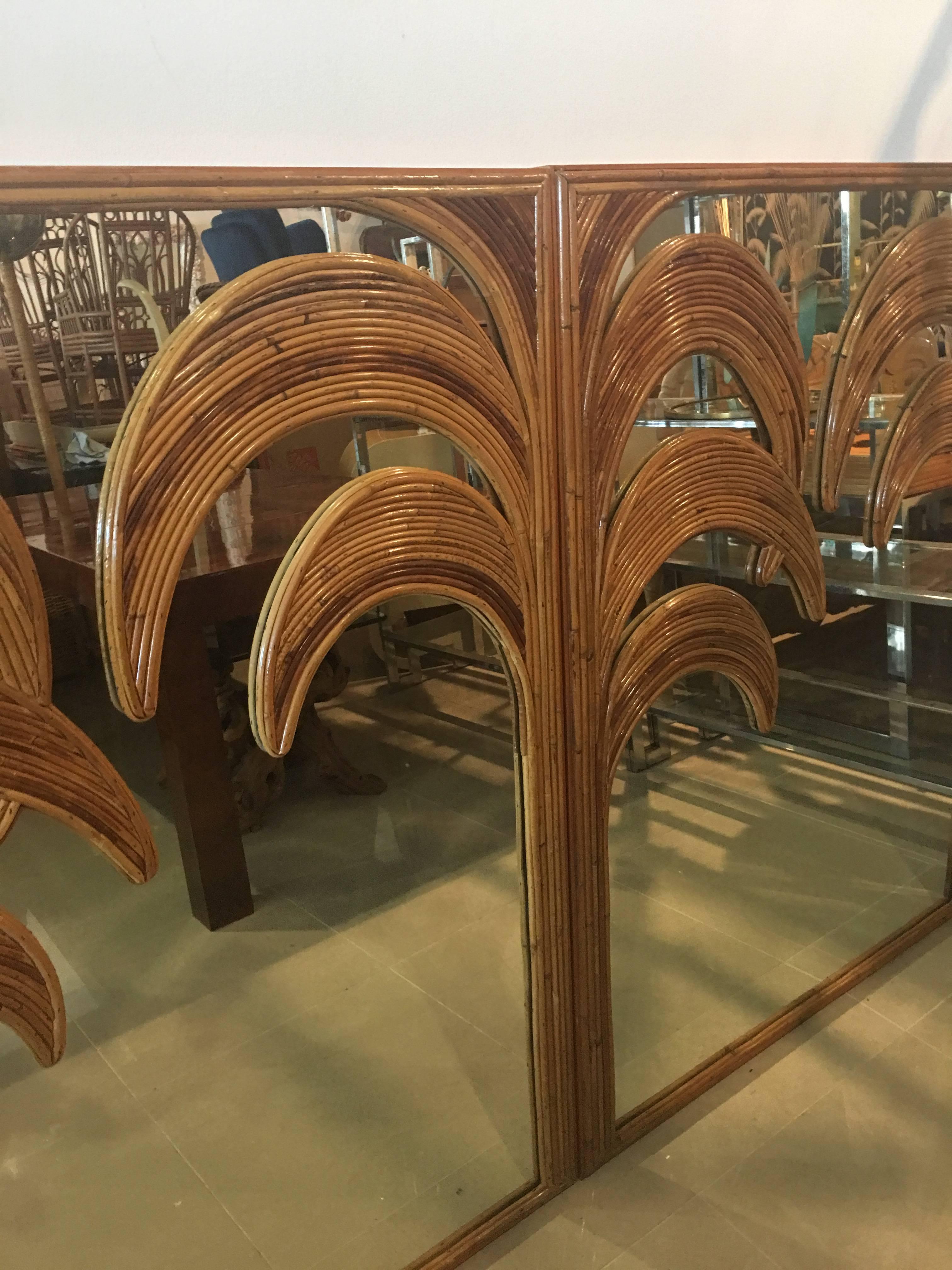 Italian Split Reed Bamboo Wall Mirrors, Set of Three Tropical Leaf Palm Tree Frond