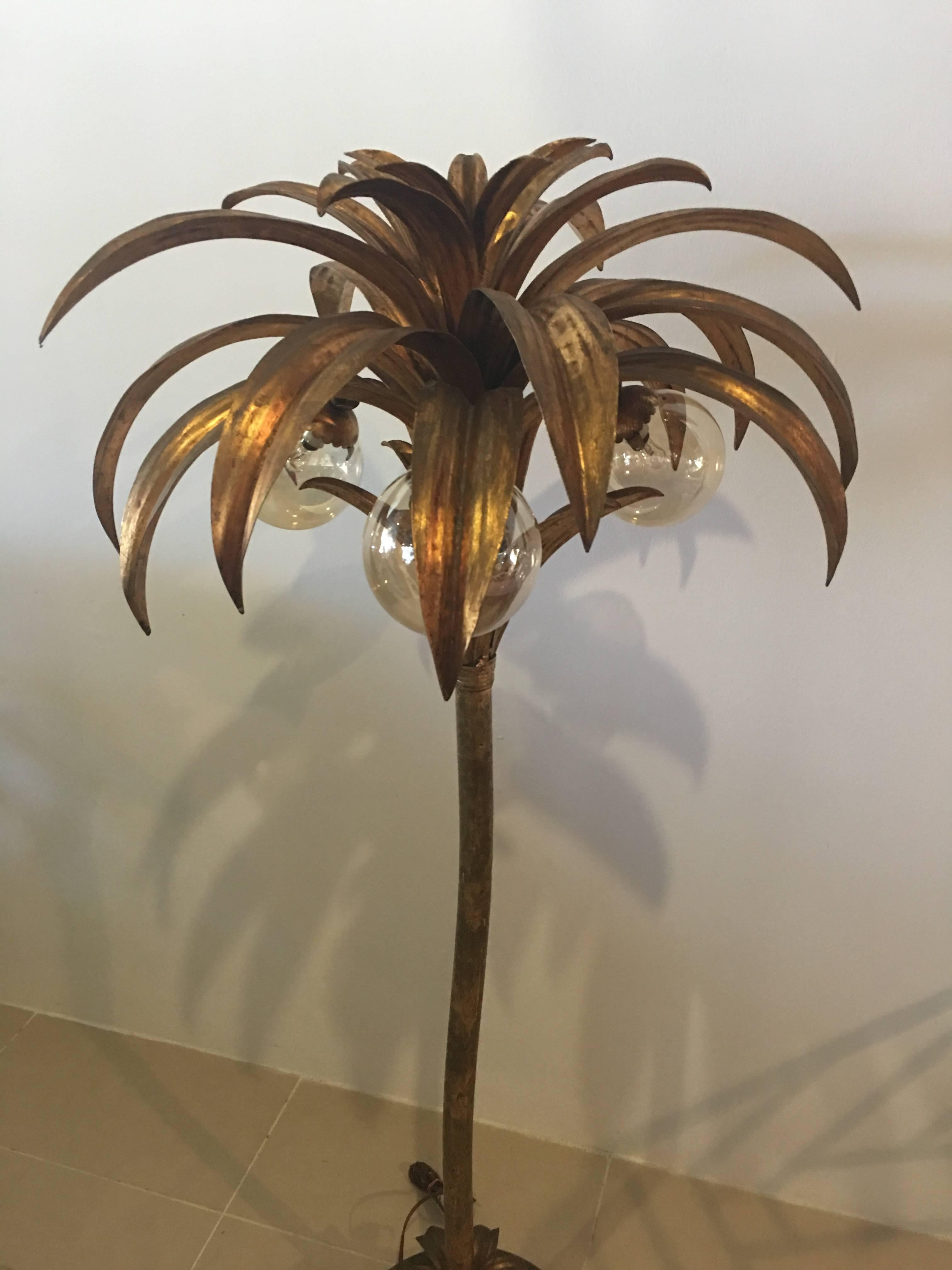 Mid-20th Century Palm Tree Floor Lamp Light Brass Gold Tropical Palm Beach Vintage